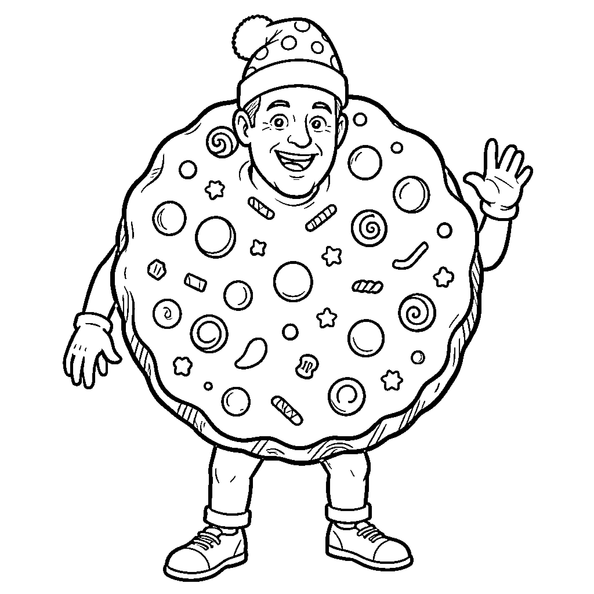 Cocies - Friendly character with playful polka dot outfit Coloring Page (free black-and-white line drawing printable PDF for all, from beginners to advanced learners, including children, teens, adults, and seniors)
