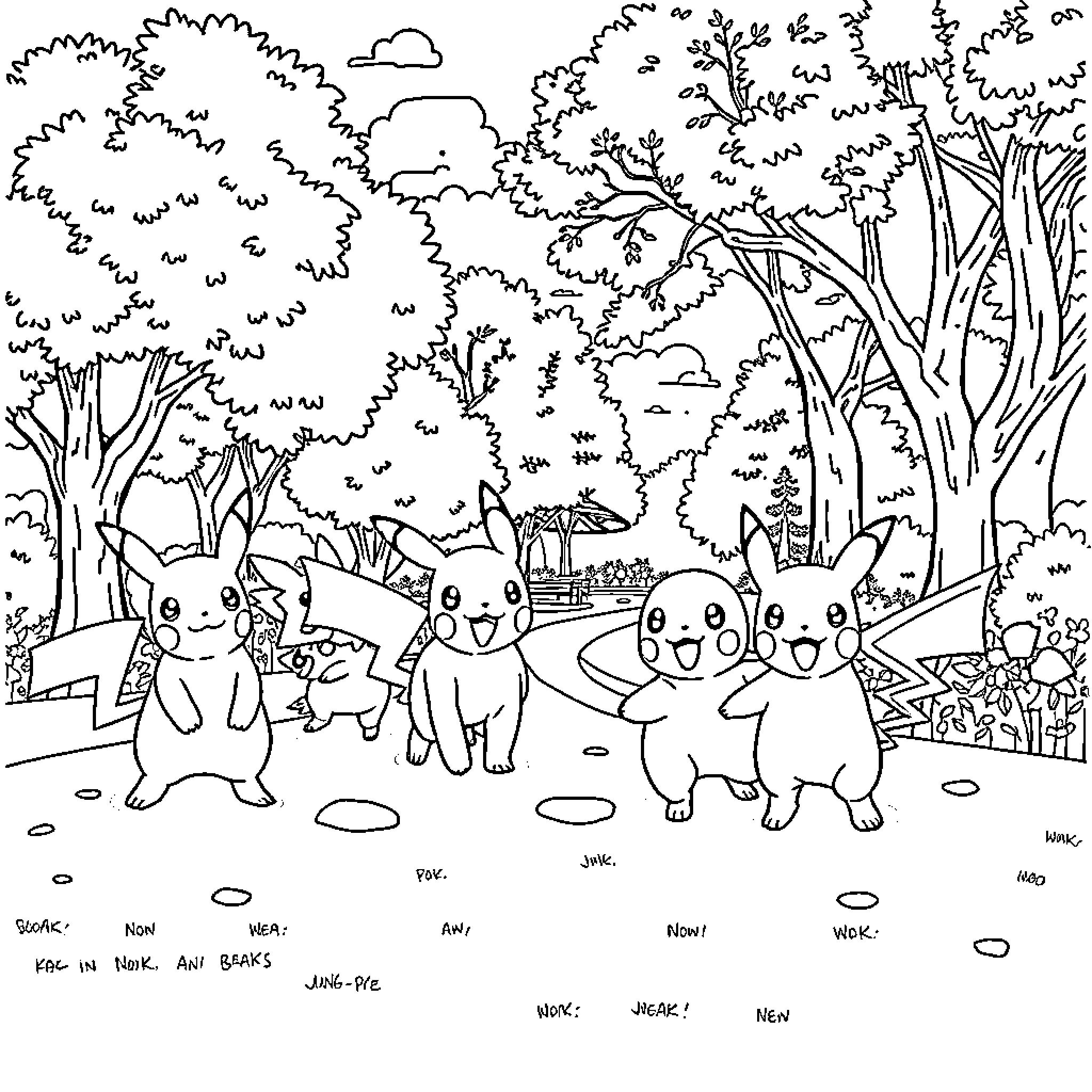 Pokémon friends having a playful gathering in the forest Coloring Page (free black-and-white line drawing printable PDF for all, from beginners to advanced learners, including children, teens, adults, and seniors)