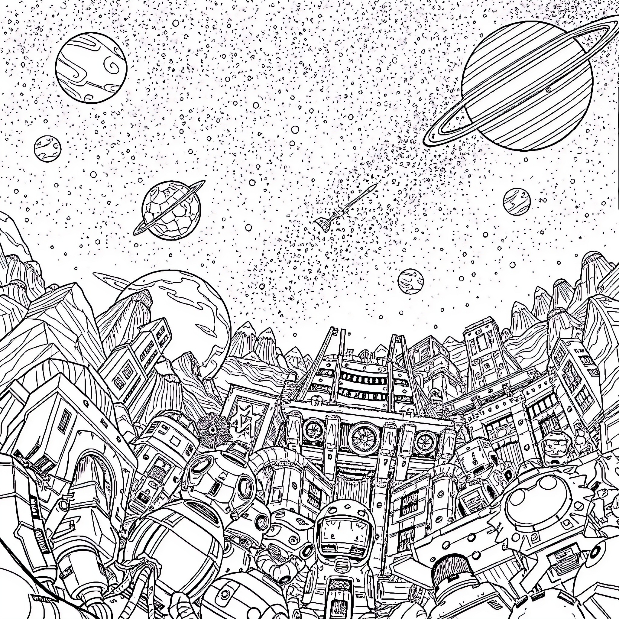 No Man's Sky: Futuristic Sci-Fi Landscape with Spaceships and Planets Coloring Page (free black-and-white line drawing printable PDF for all, from beginners to advanced learners, including children, teens, adults, and seniors)