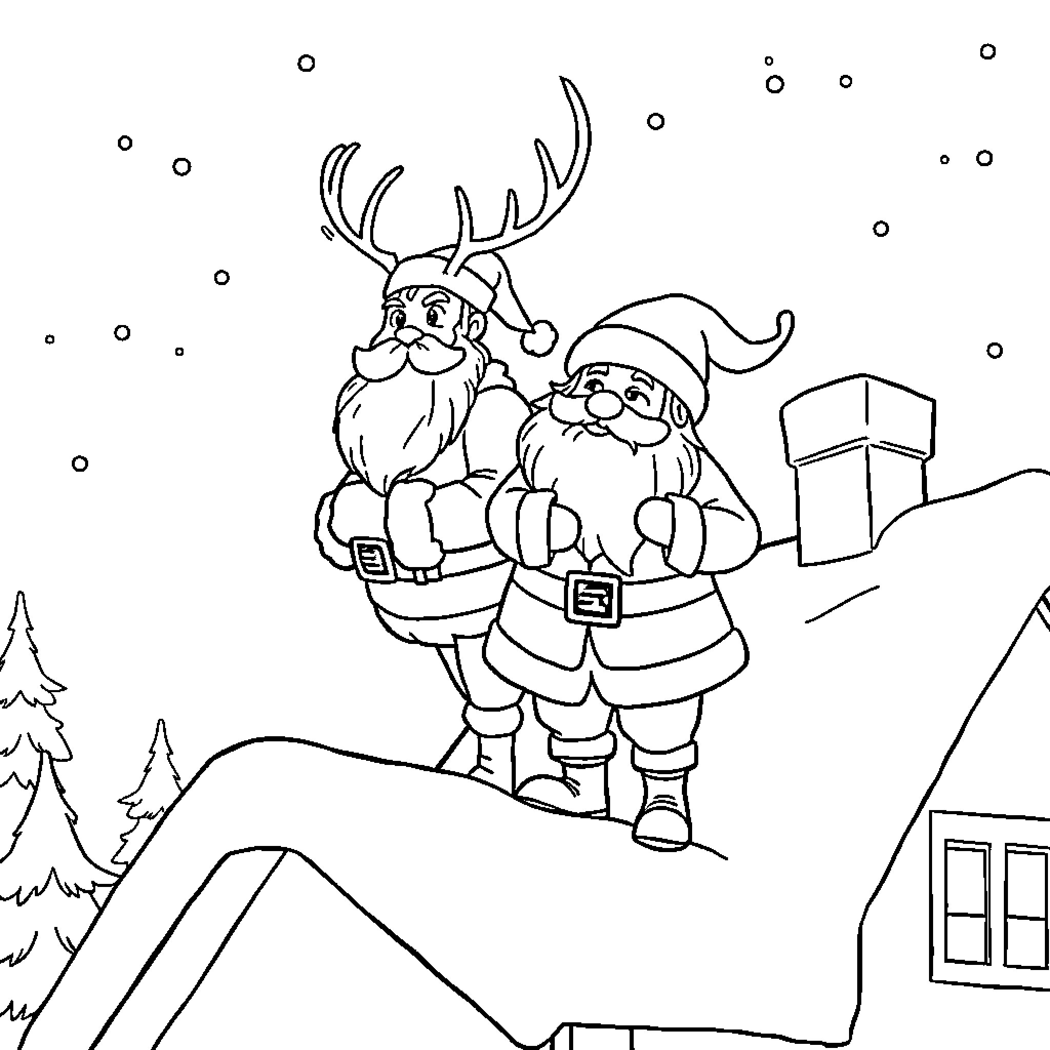Santa Claus and Reindeer Enjoying the Winter Wonderland Coloring Page (free black-and-white line drawing printable PDF for all, from beginners to advanced learners, including children, teens, adults, and seniors)