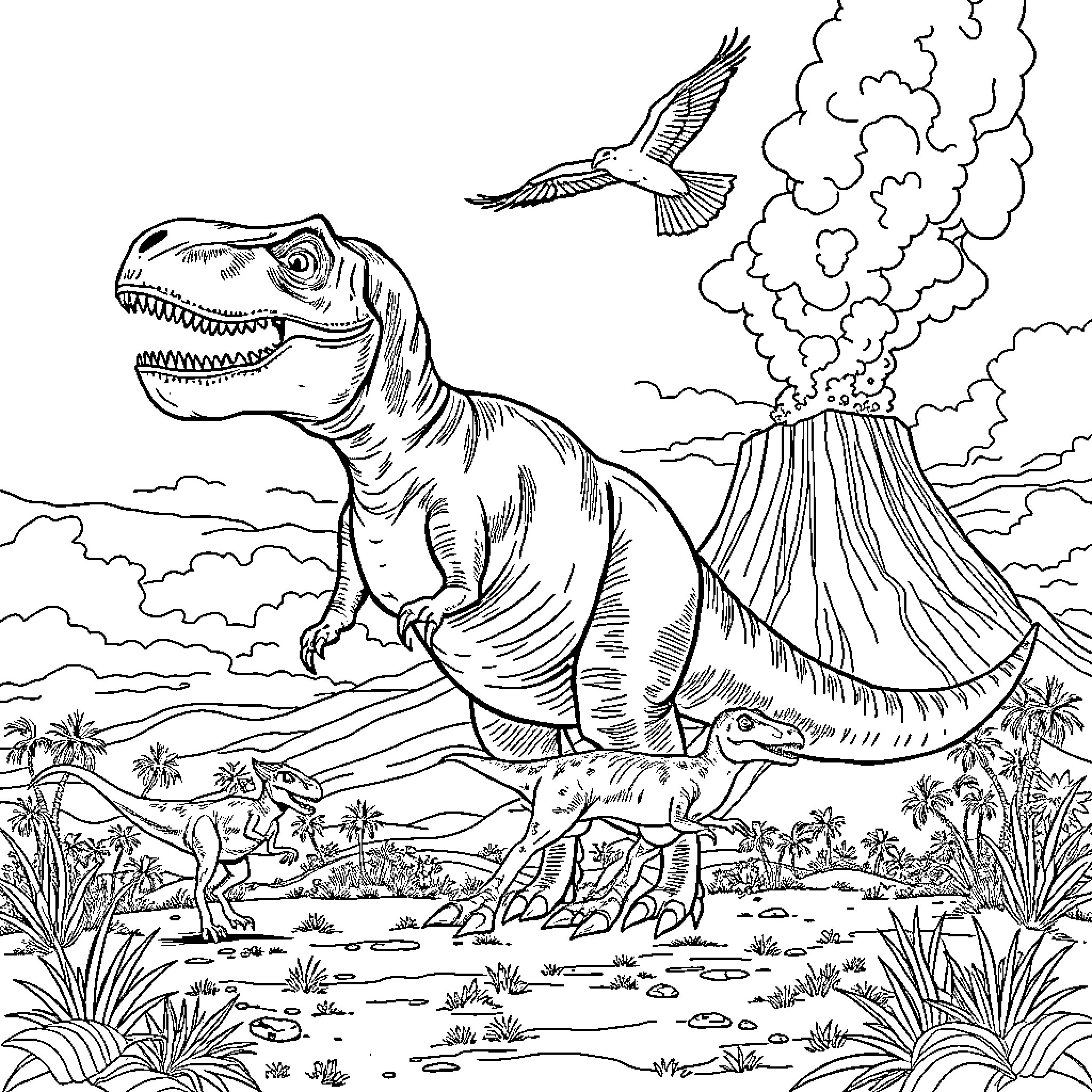 Dinosaur eruption scene in prehistoric landscape Coloring Page (free black-and-white line drawing printable PDF for all, from beginners to advanced learners, including children, teens, adults, and seniors)