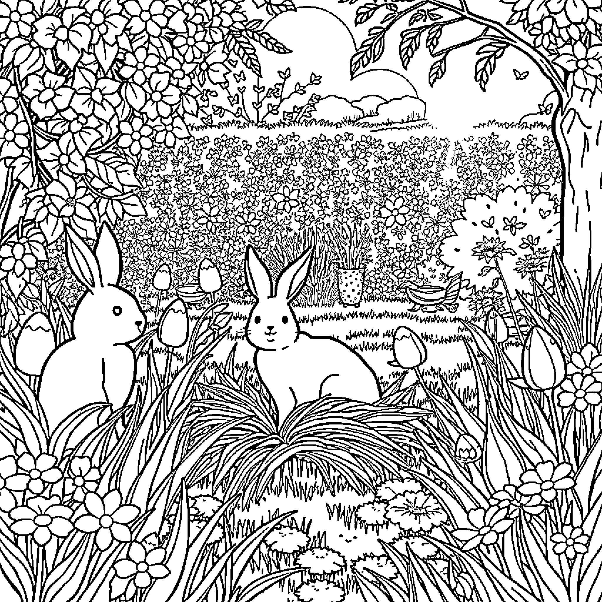 Azuro's Enchanting Garden of Rabbits and Flora Coloring Page (free black-and-white line drawing printable PDF for all, from beginners to advanced learners, including children, teens, adults, and seniors)