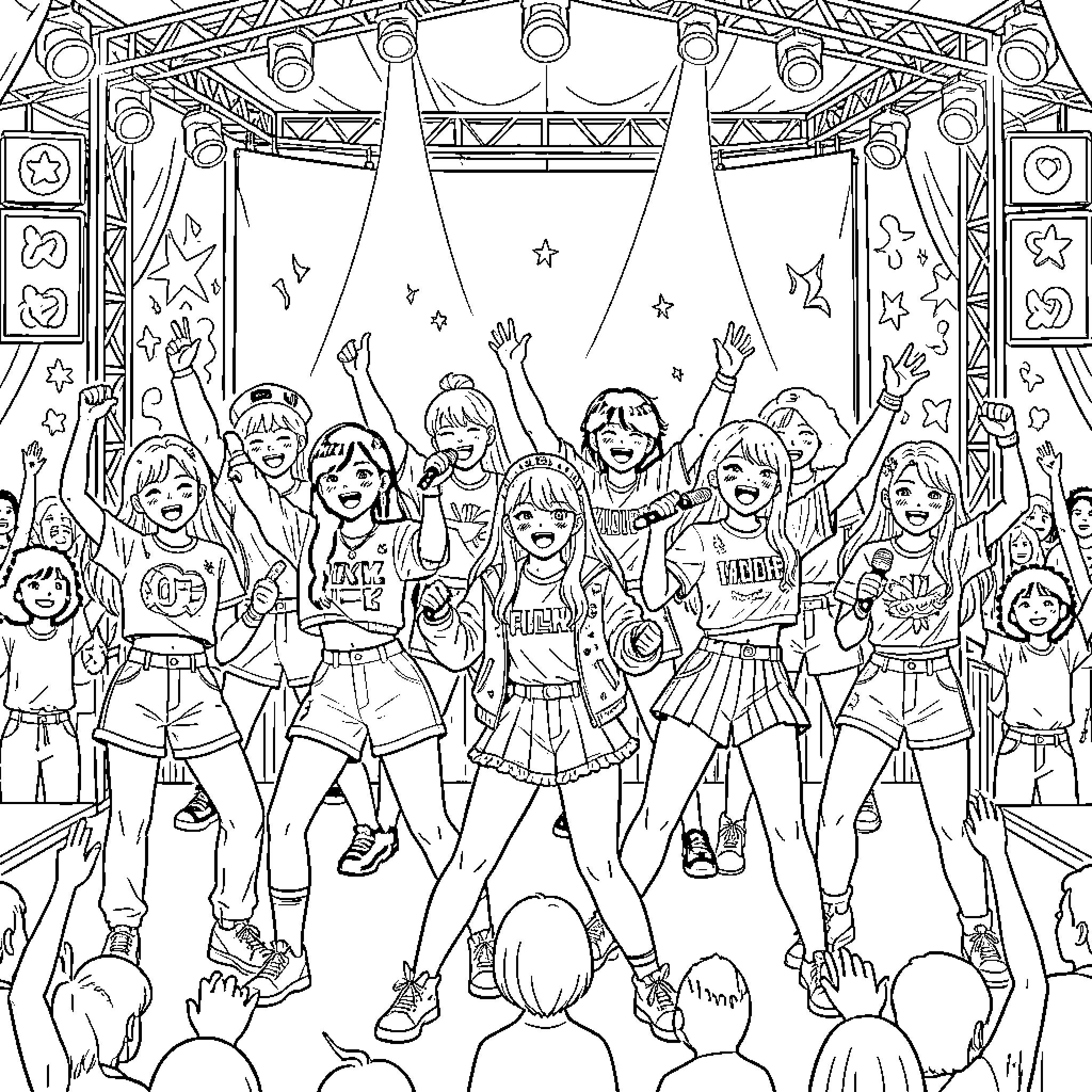 Kpop Stars Energetic Performance on Stage Coloring Page (free black-and-white line drawing printable PDF for all, from beginners to advanced learners, including children, teens, adults, and seniors)
