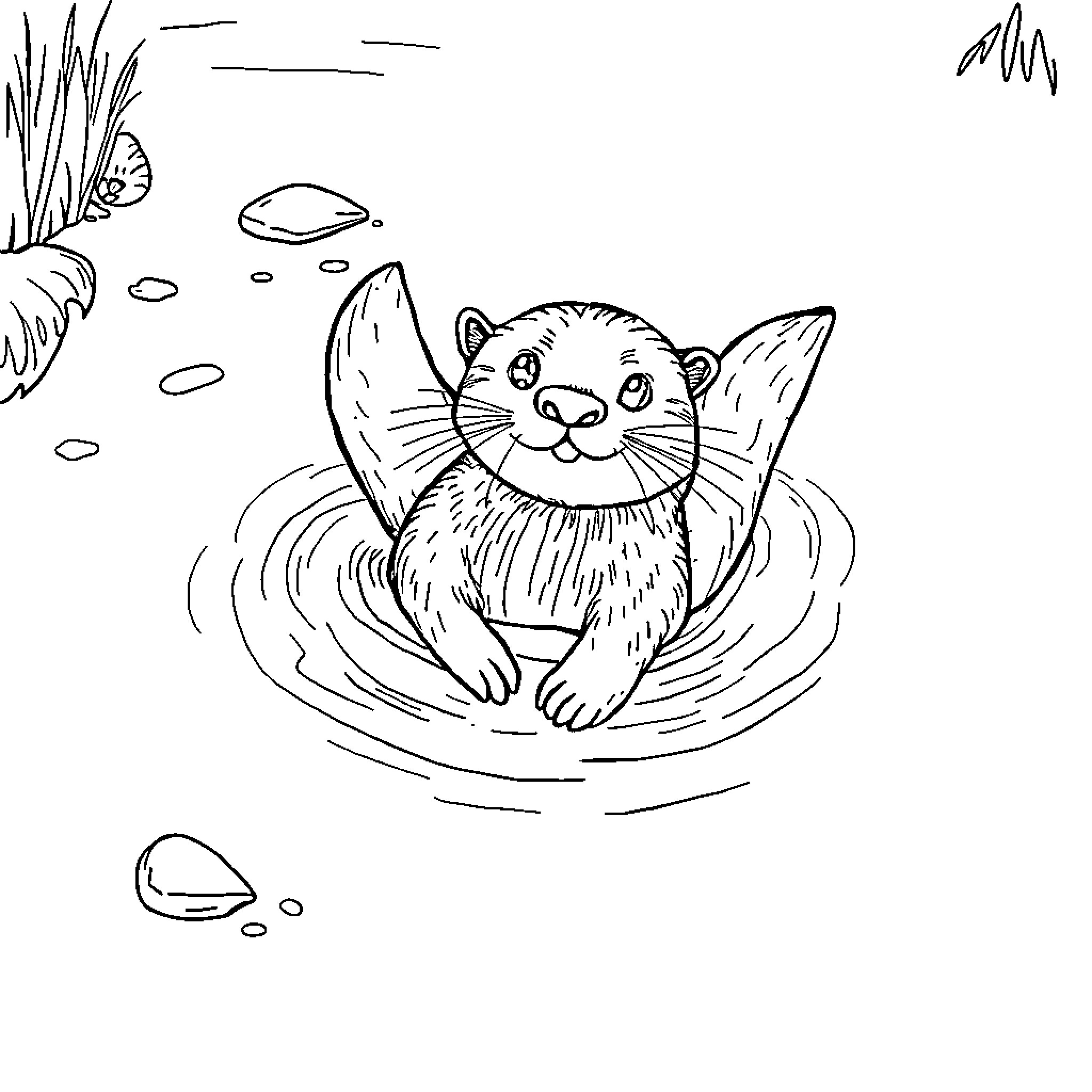 Otter playing happily in the water Coloring Page (free black-and-white line drawing printable PDF for all, from beginners to advanced learners, including children, teens, adults, and seniors)