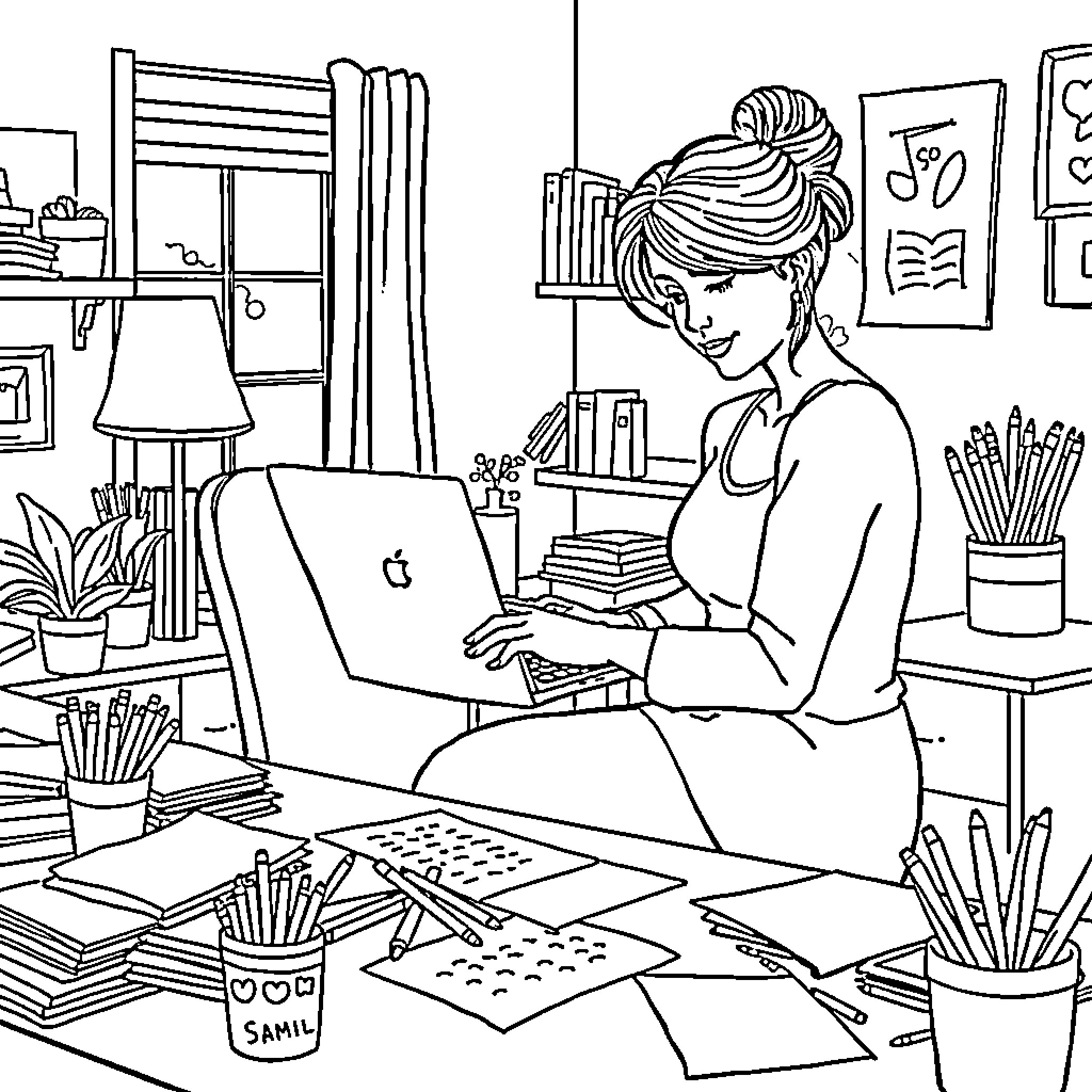 Mama working on her laptop in a cozy home office Coloring Page (free black-and-white line drawing printable PDF for all, from beginners to advanced learners, including children, teens, adults, and seniors)