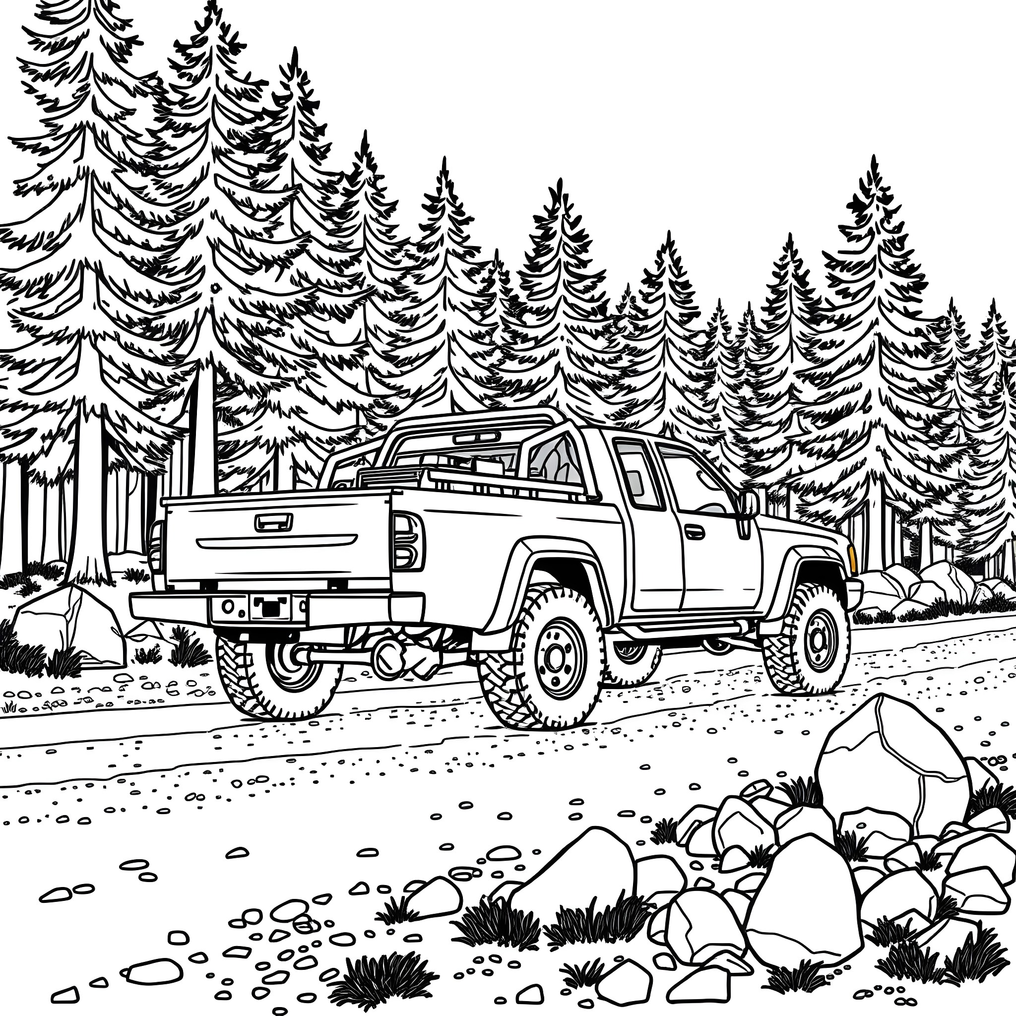 Utility Pickup Truck Traversing Wooded Trail Coloring Page (free black-and-white line drawing printable PDF for all, from beginners to advanced learners, including children, teens, adults, and seniors)