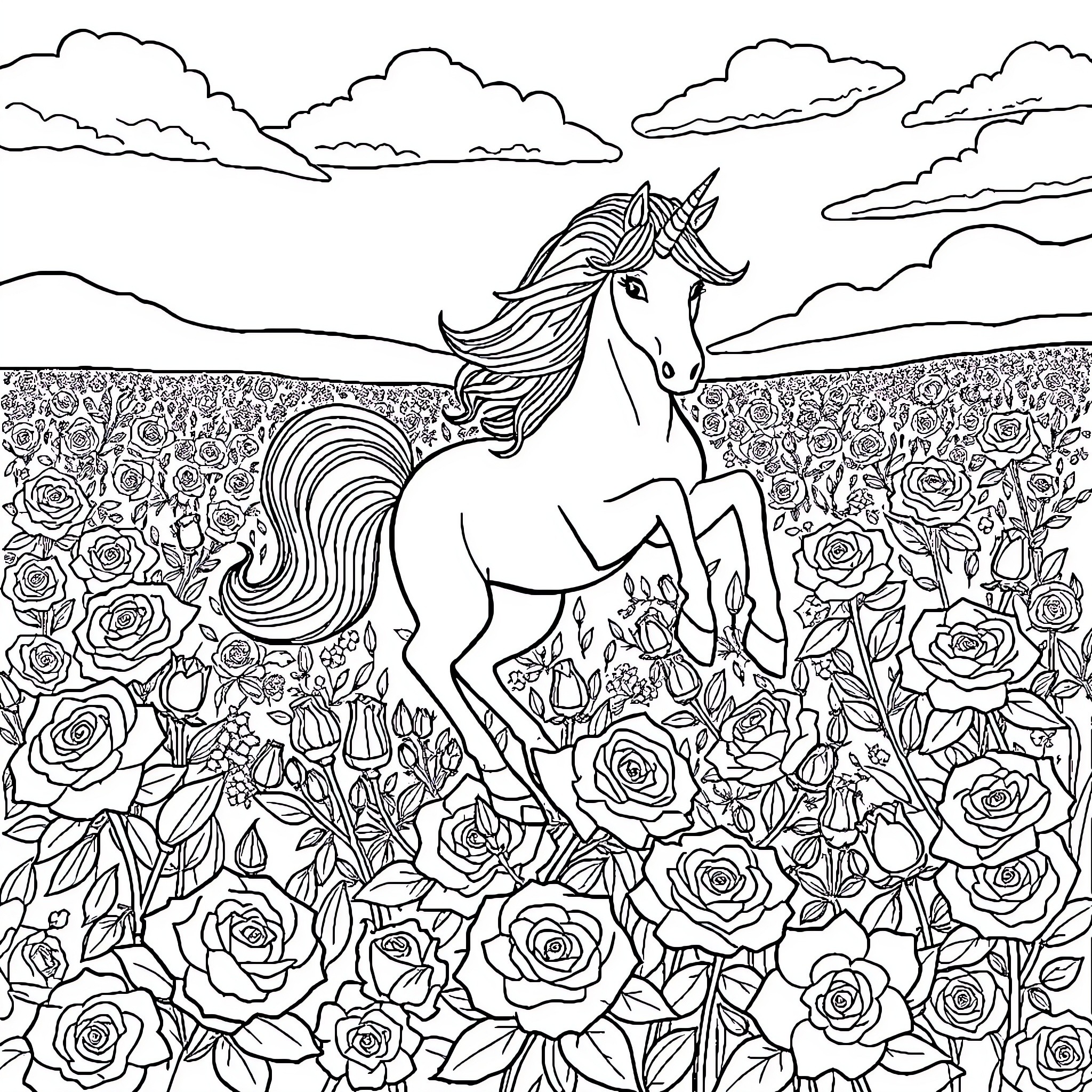 Unicorn galloping through a field of roses Coloring Page (free black-and-white line drawing printable PDF for all, from beginners to advanced learners, including children, teens, adults, and seniors)