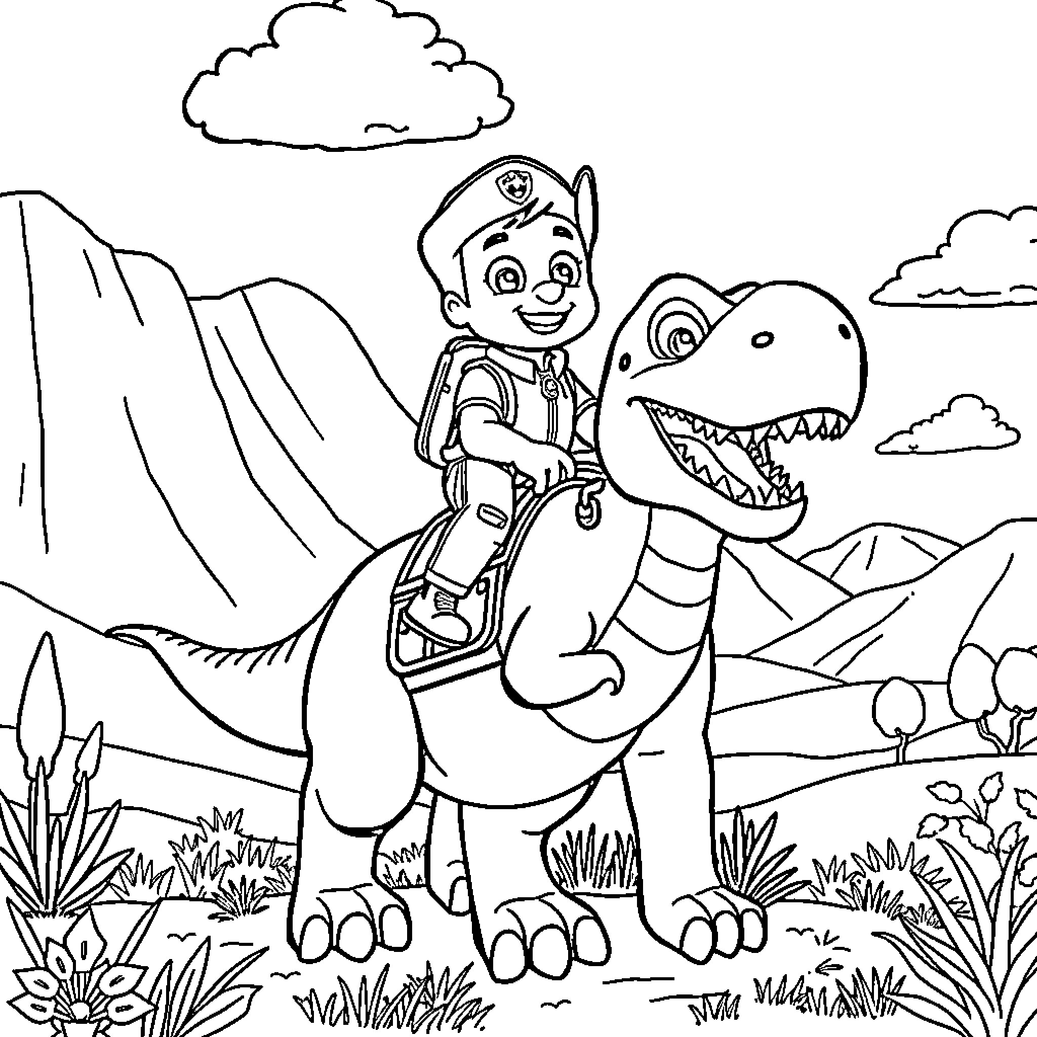 Chase a dinosaur adventure in the wild Coloring Page (free black-and-white line drawing printable PDF for all, from beginners to advanced learners, including children, teens, adults, and seniors)