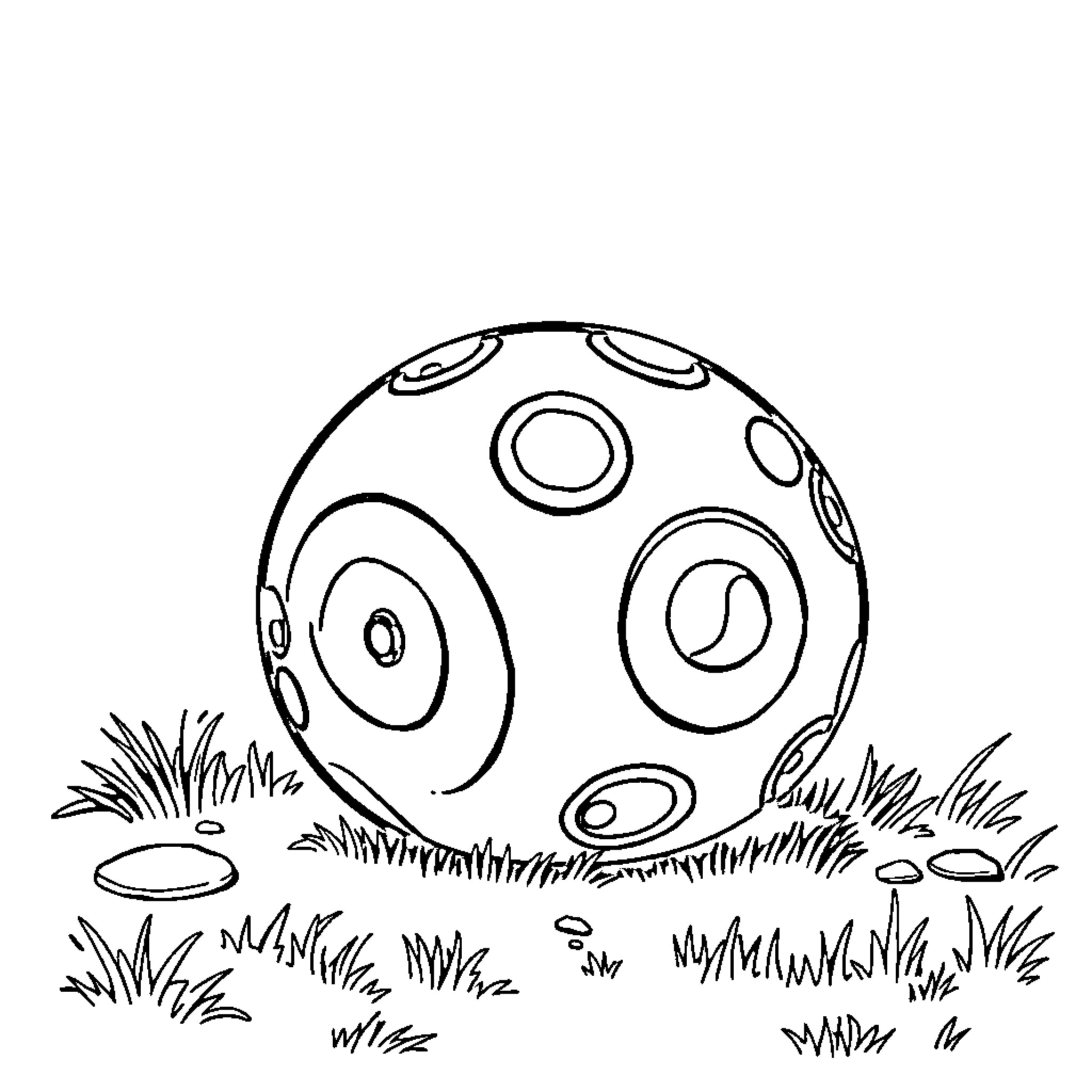 Roly Poly Spotted Ball in Grassy Field Coloring Page (free black-and-white line drawing printable PDF for all, from beginners to advanced learners, including children, teens, adults, and seniors)