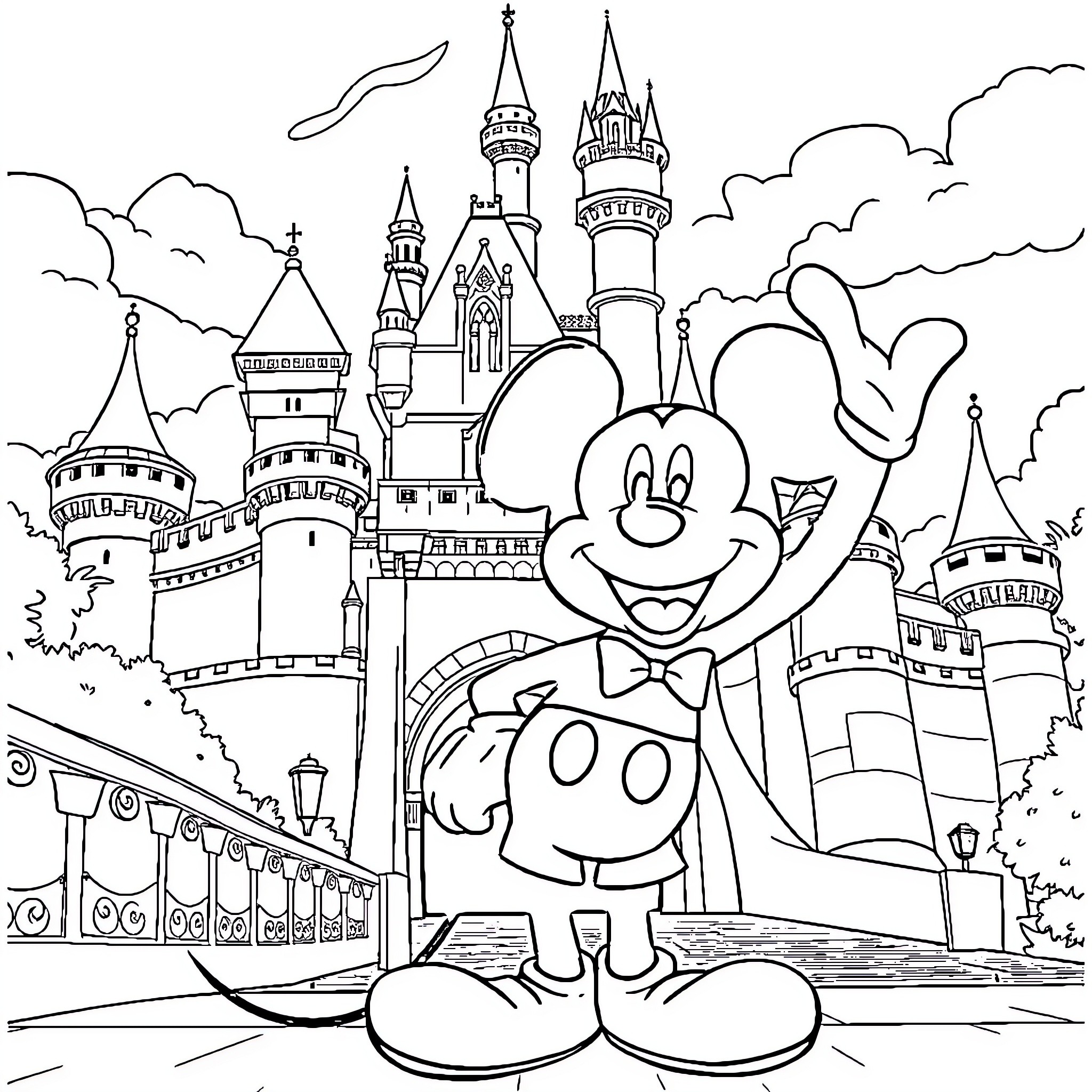 Mickey Mouse exploring the whimsical castle Coloring Page (free black-and-white line drawing printable PDF for all, from beginners to advanced learners, including children, teens, adults, and seniors)