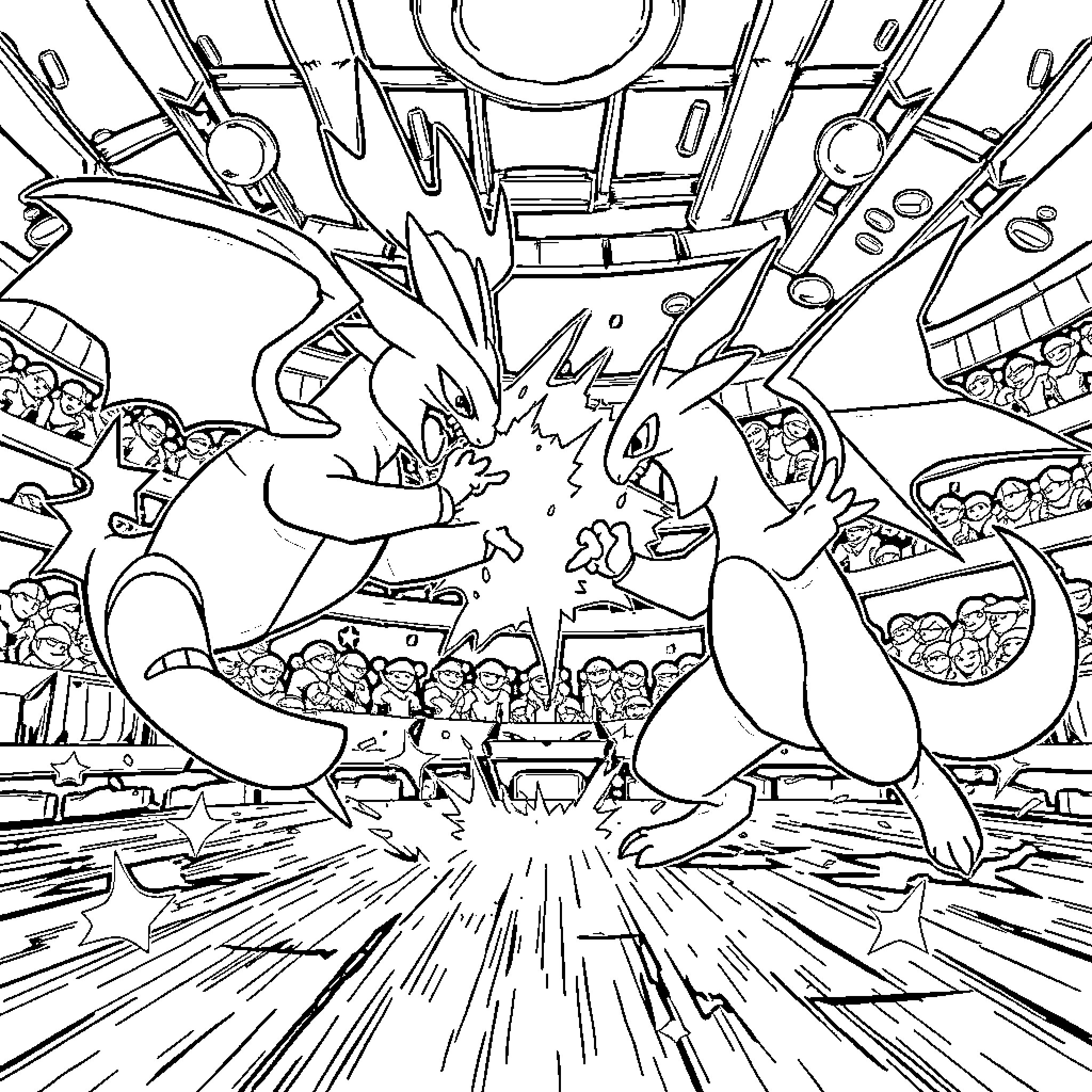 Pokémon Intense Battle Scene Coloring Page (free black-and-white line drawing printable PDF for all, from beginners to advanced learners, including children, teens, adults, and seniors)