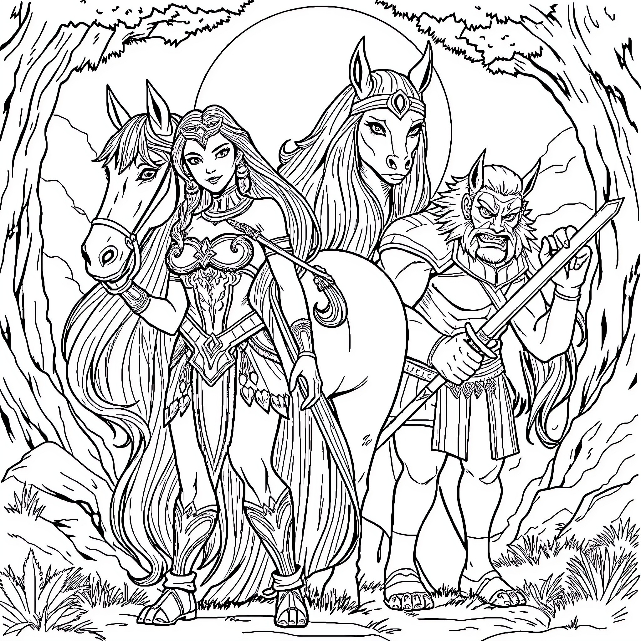 She-Ra leading her allies through the enchanted forest Coloring Page (free black-and-white line drawing printable PDF for all, from beginners to advanced learners, including children, teens, adults, and seniors)