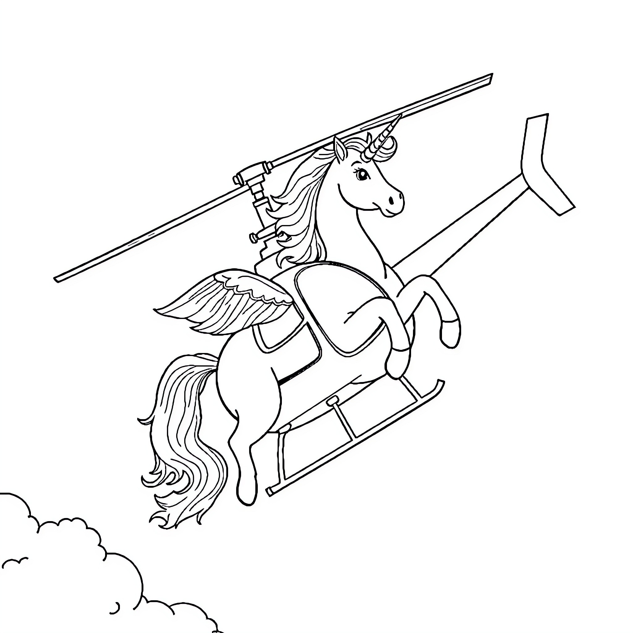 Unicorn riding a helicopter in the sky Coloring Page (free black-and-white line drawing printable PDF for all, from beginners to advanced learners, including children, teens, adults, and seniors)