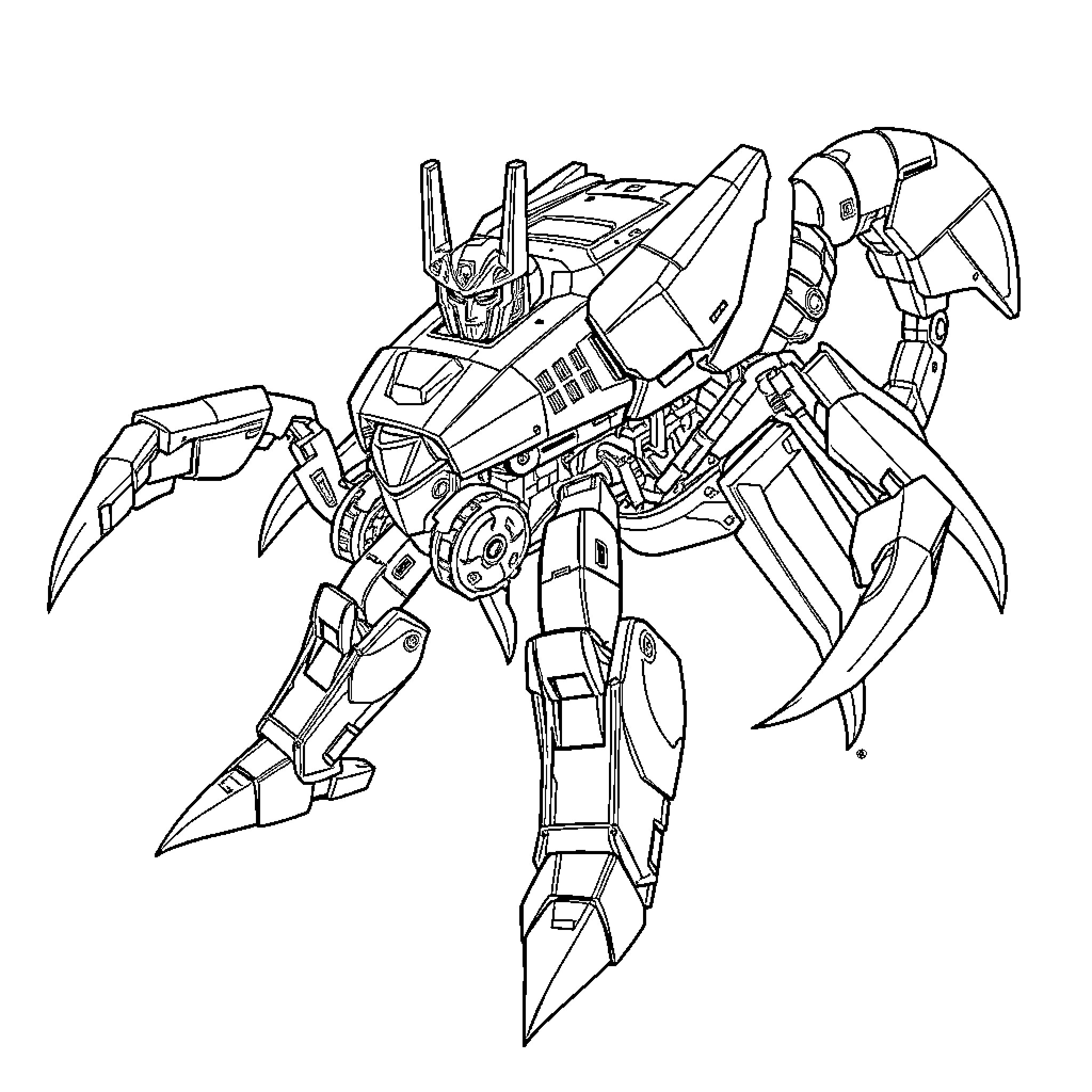 Scorpion-themed Mecha Warrior in Attack Pose Coloring Page (free black-and-white line drawing printable PDF for all, from beginners to advanced learners, including children, teens, adults, and seniors)