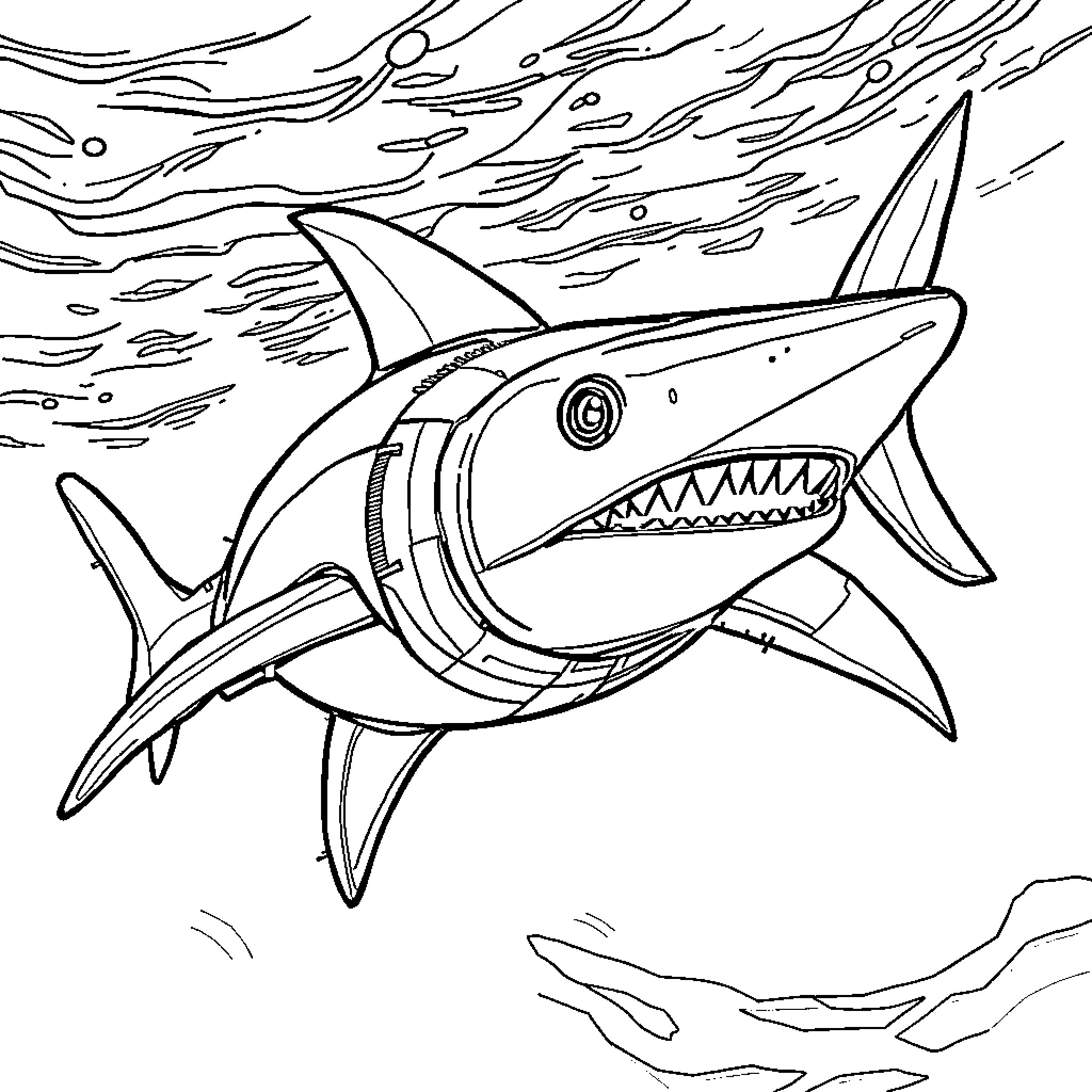 Robot Shark hunting in the ocean Coloring Page (free black-and-white line drawing printable PDF for all, from beginners to advanced learners, including children, teens, adults, and seniors)