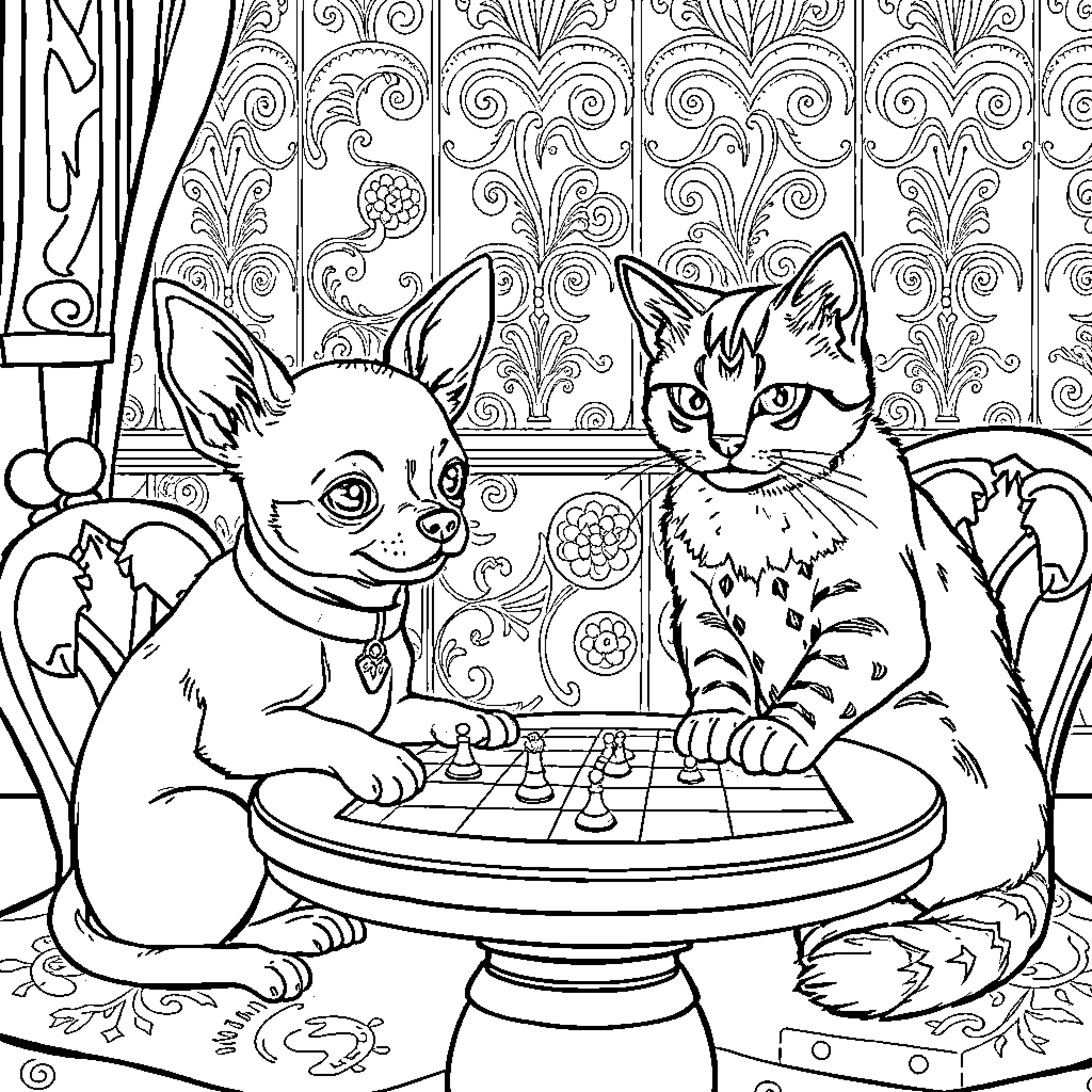 Chihuahua and Cat Playing Chess Together Coloring Page (free black-and-white line drawing printable PDF for all, from beginners to advanced learners, including children, teens, adults, and seniors)