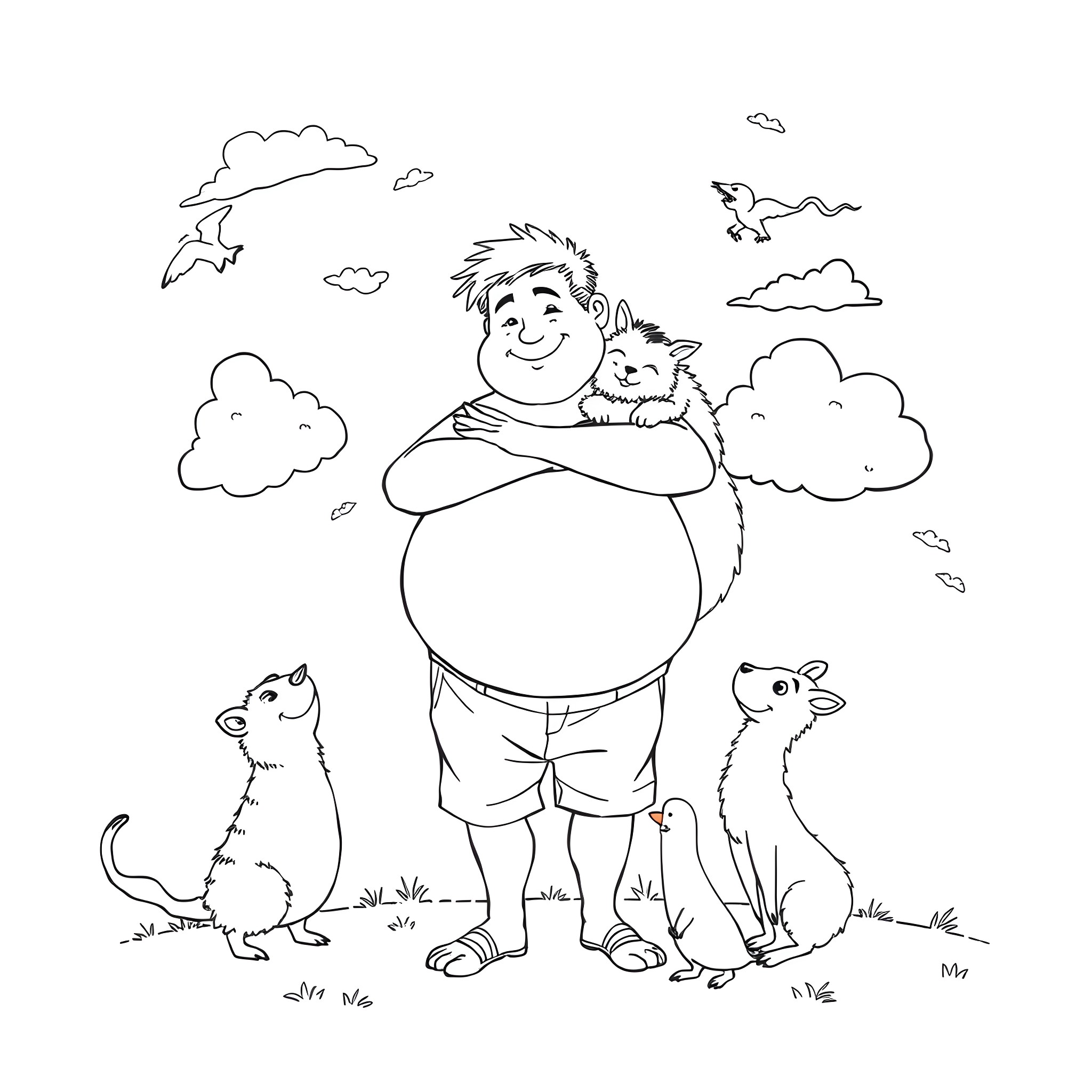 Man hugging a cute pet in the outdoors Coloring Page (free black-and-white line drawing printable PDF for all, from beginners to advanced learners, including children, teens, adults, and seniors)