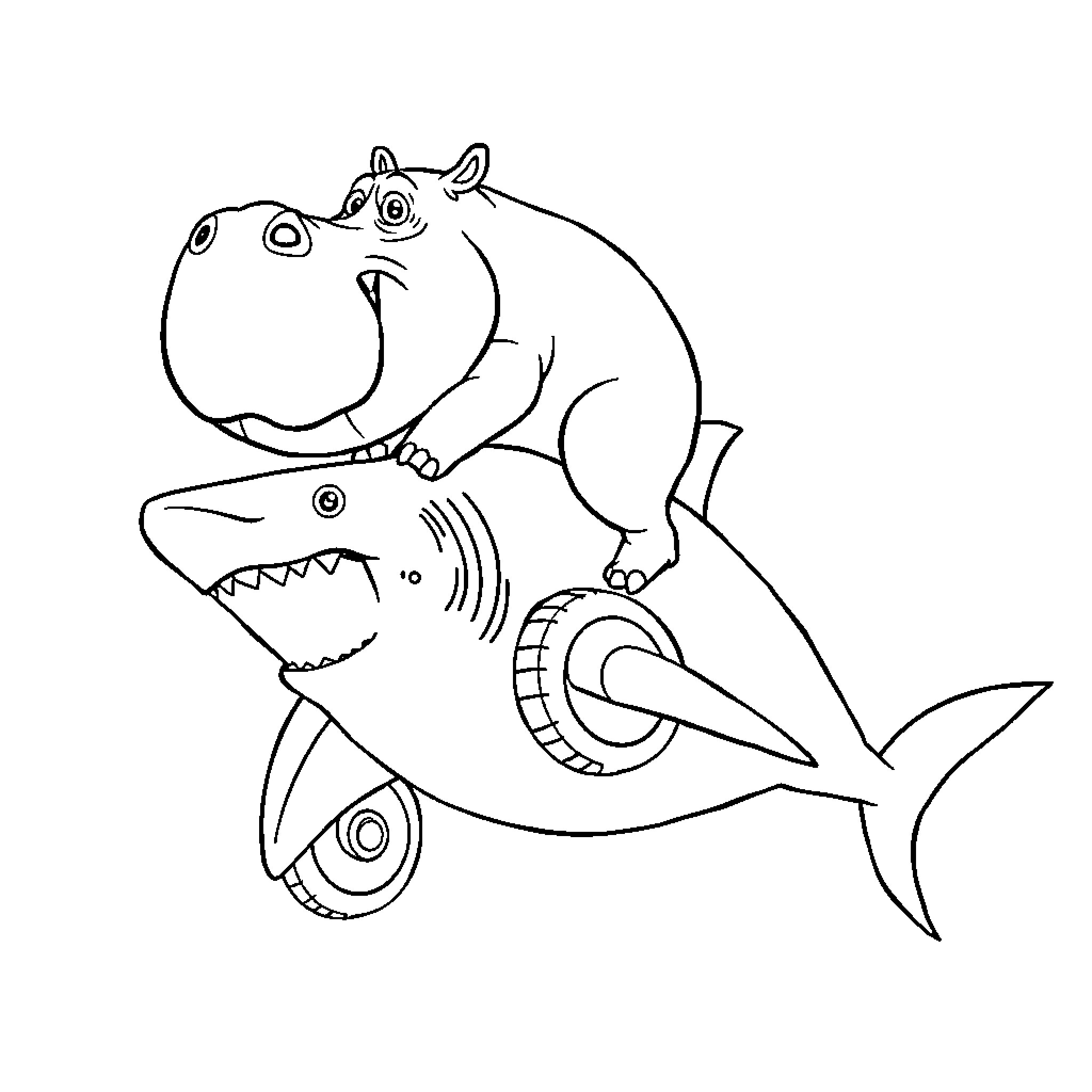 Hippo riding a shark Coloring Page (free black-and-white line drawing printable PDF for all, from beginners to advanced learners, including children, teens, adults, and seniors)