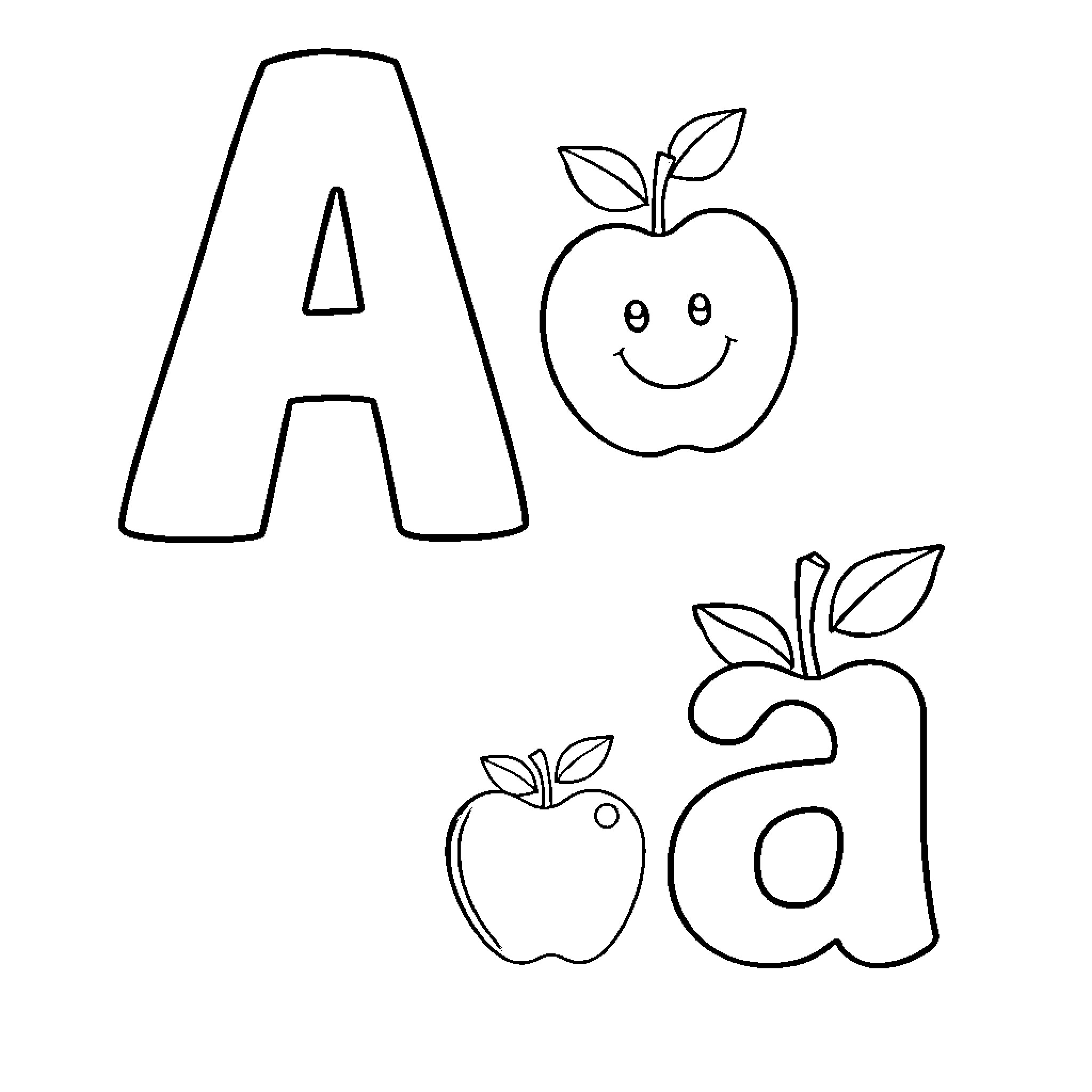 Apple themed alphabet and smiling fruit Coloring Page (free black-and-white line drawing printable PDF for all, from beginners to advanced learners, including children, teens, adults, and seniors)