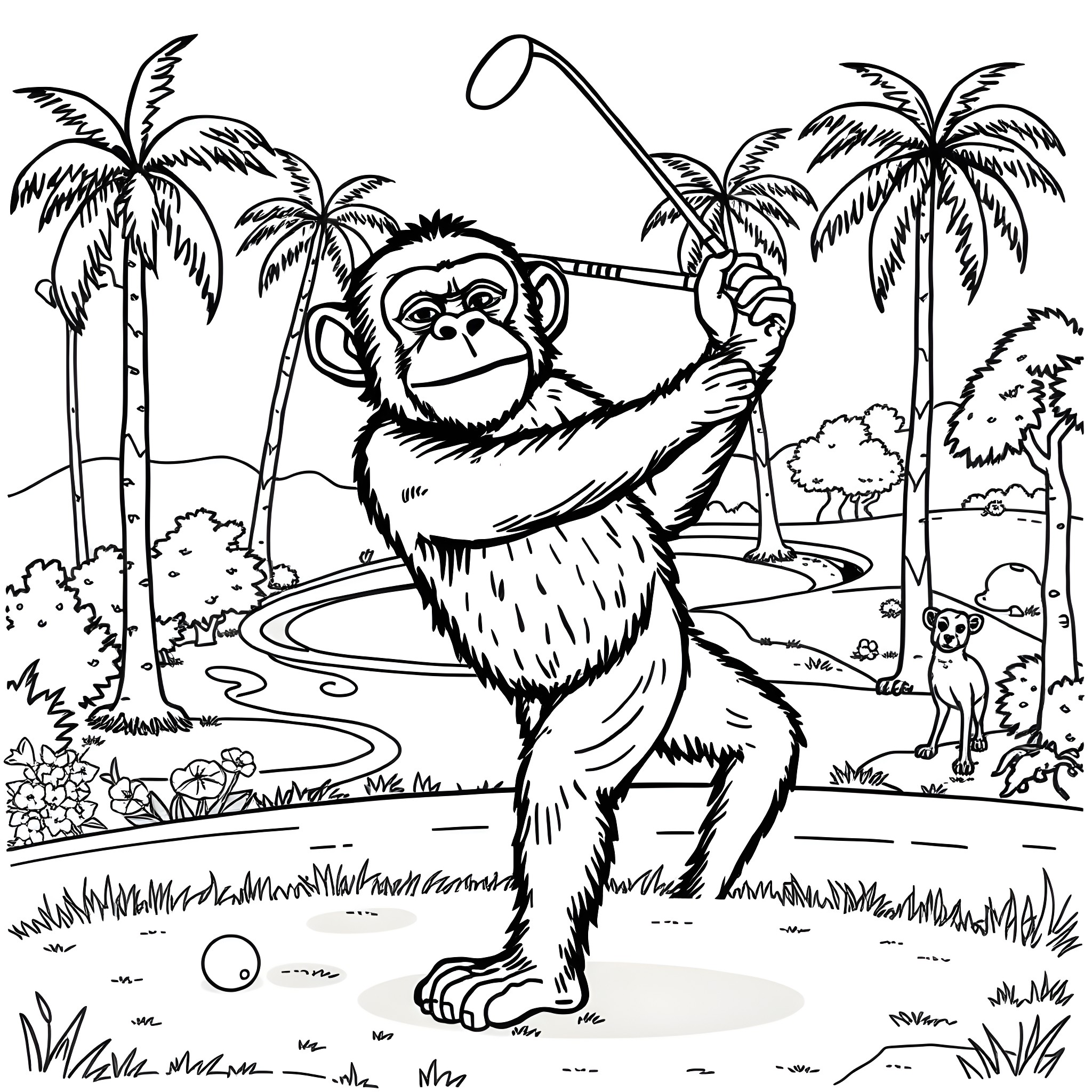 Chimpanzee playing golf on a tropical paradise Coloring Page (free black-and-white line drawing printable PDF for all, from beginners to advanced learners, including children, teens, adults, and seniors)