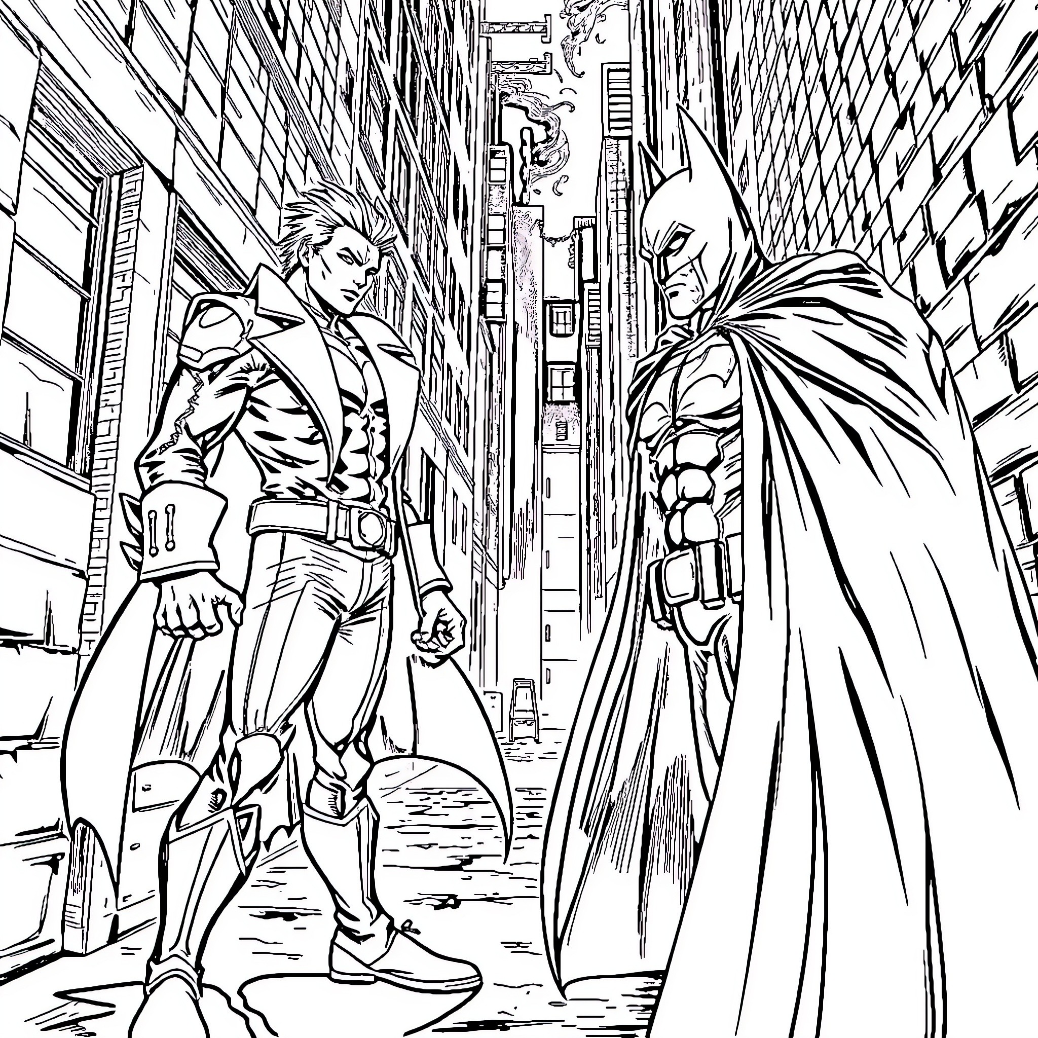 DIO - Superheroes Confrontation in Urban Cityscape Coloring Page (free black-and-white line drawing printable PDF for all, from beginners to advanced learners, including children, teens, adults, and seniors)