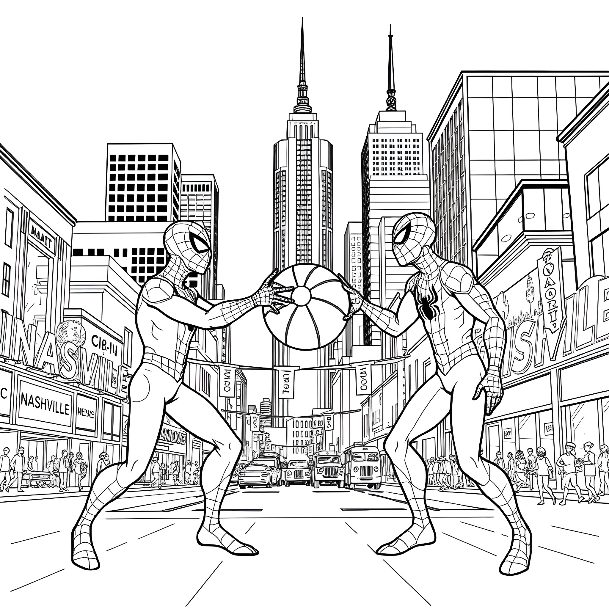 Spider-Man fighting against an enemy in the city Coloring Page (free black-and-white line drawing printable PDF for all, from beginners to advanced learners, including children, teens, adults, and seniors)