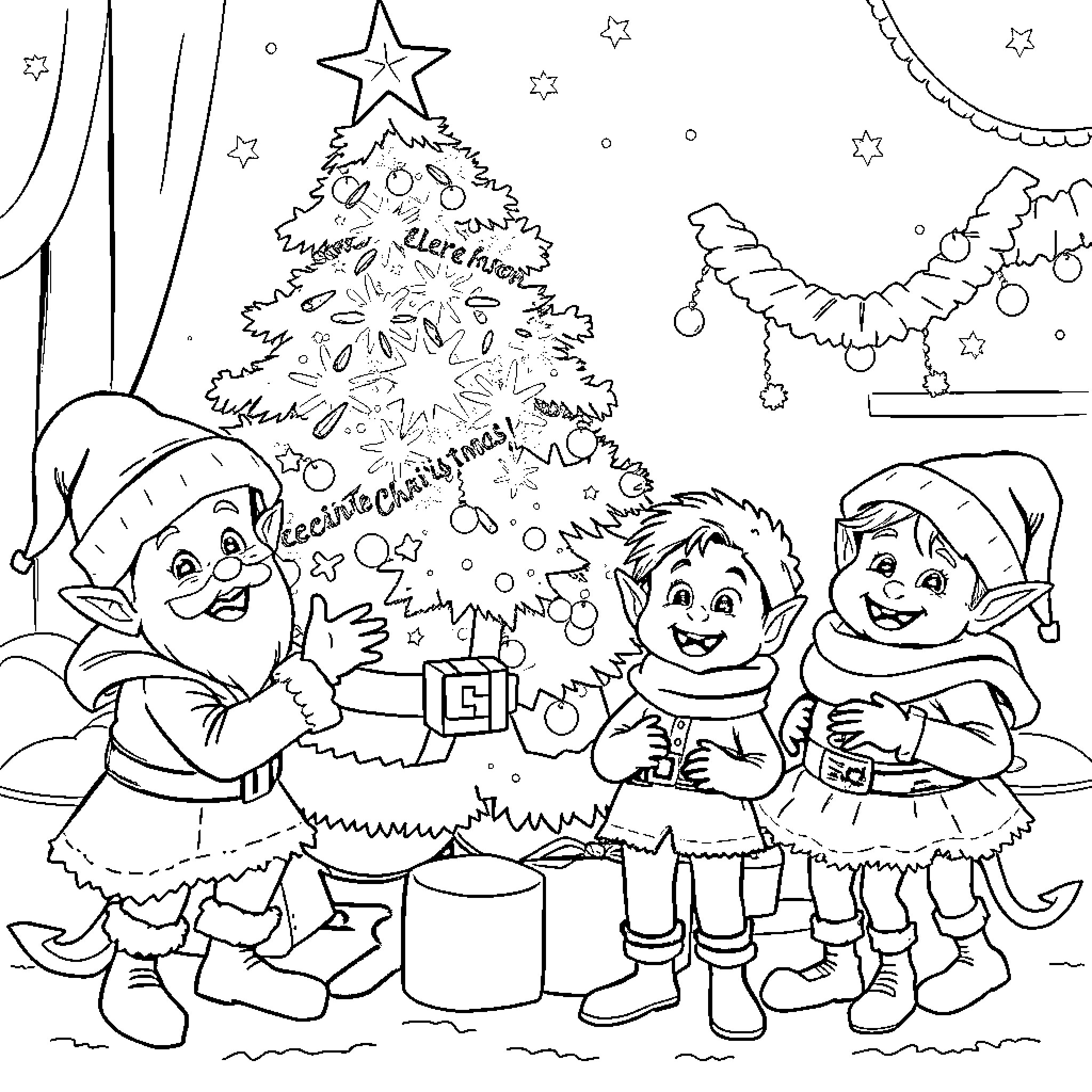 Santa's Elves Decorating Christmas Tree Coloring Page (free black-and-white line drawing printable PDF for all, from beginners to advanced learners, including children, teens, adults, and seniors)