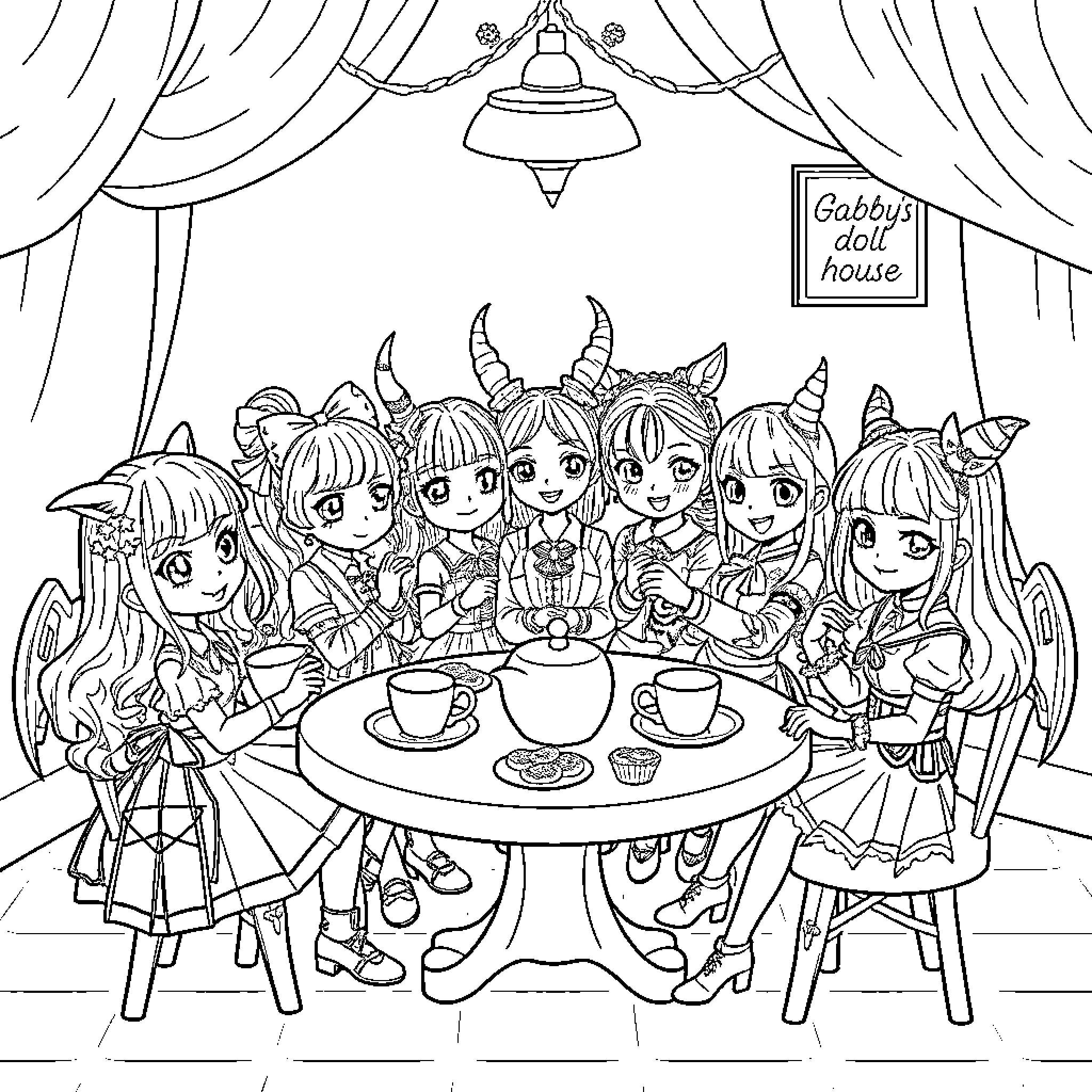 Dollhouse Tea Party with Cheerful Characters Coloring Page (free black-and-white line drawing printable PDF for all, from beginners to advanced learners, including children, teens, adults, and seniors)