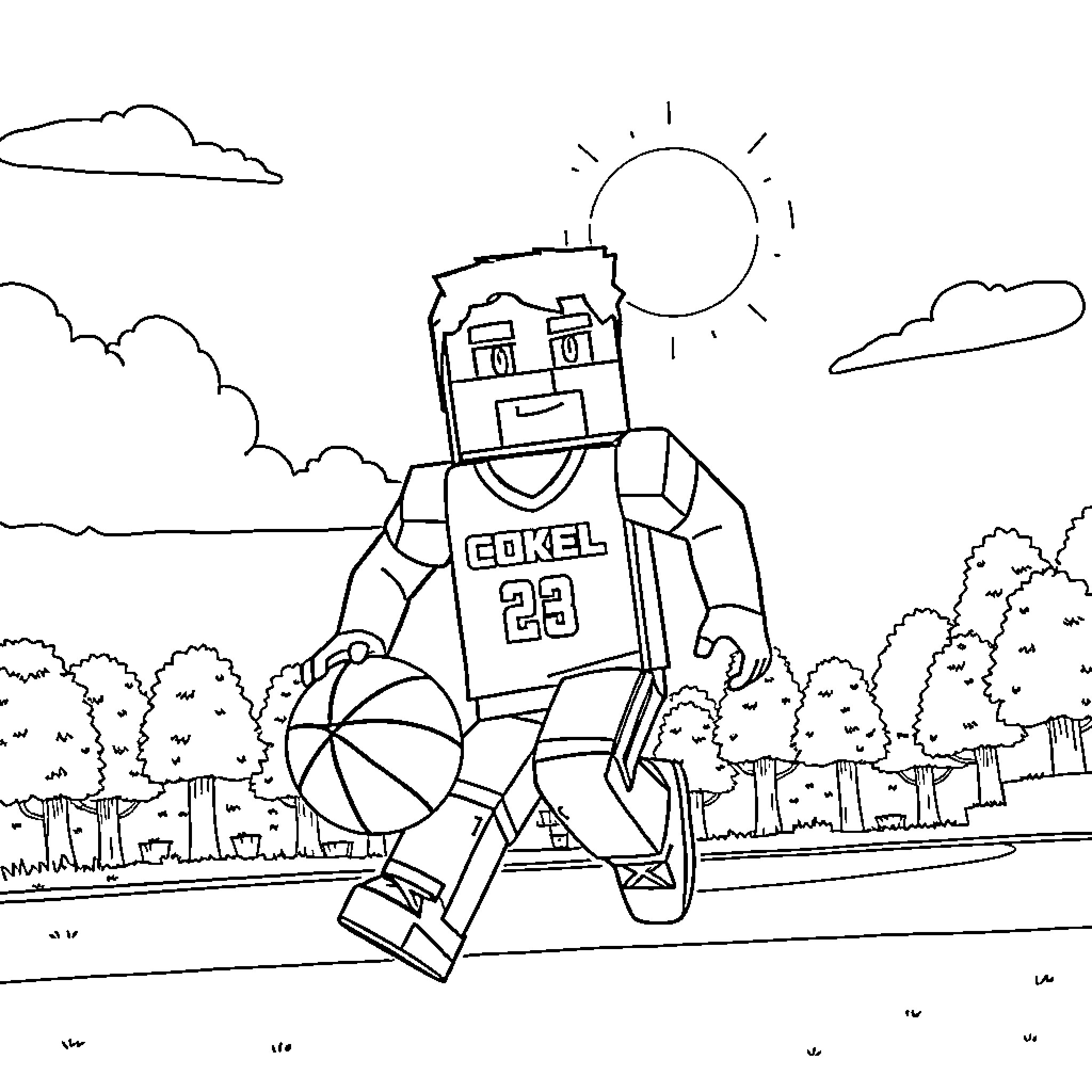 Steve playing outdoors with basketball and enjoying the sunny day Coloring Page (free black-and-white line drawing printable PDF for all, from beginners to advanced learners, including children, teens, adults, and seniors)