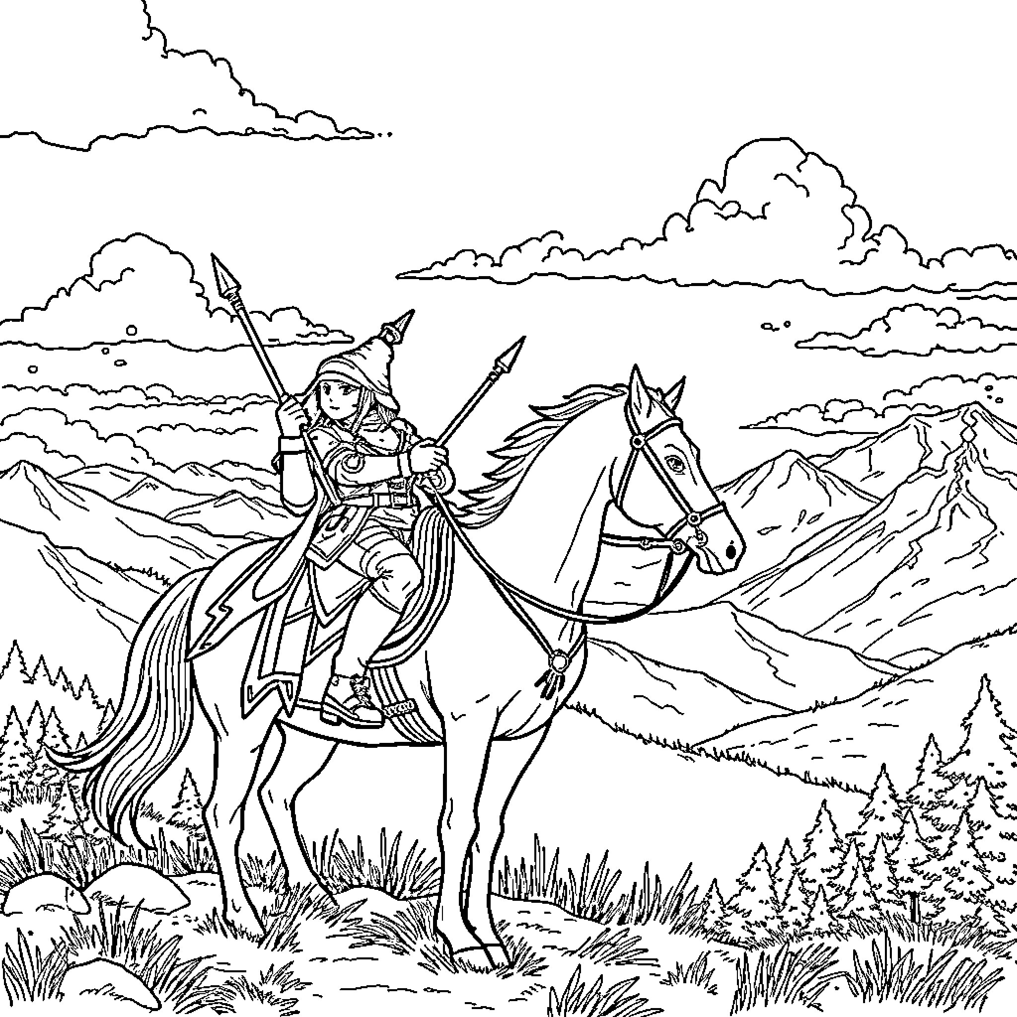 Kpop Warrior on Horseback Journeying Through Scenic Landscape Coloring Page (free black-and-white line drawing printable PDF for all, from beginners to advanced learners, including children, teens, adults, and seniors)