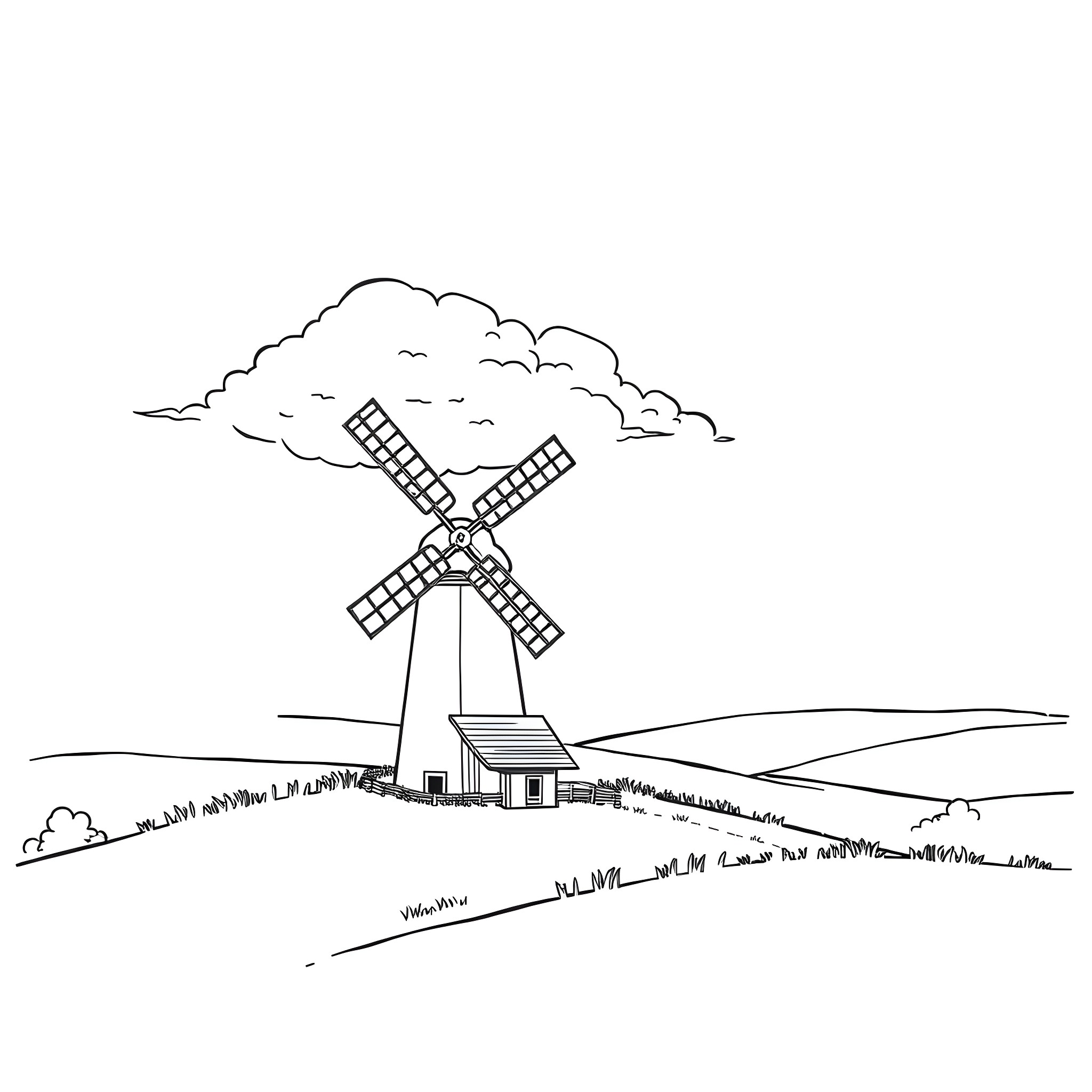 Cloud with Windmill in Countryside Landscape Coloring Page (free black-and-white line drawing printable PDF for all, from beginners to advanced learners, including children, teens, adults, and seniors)