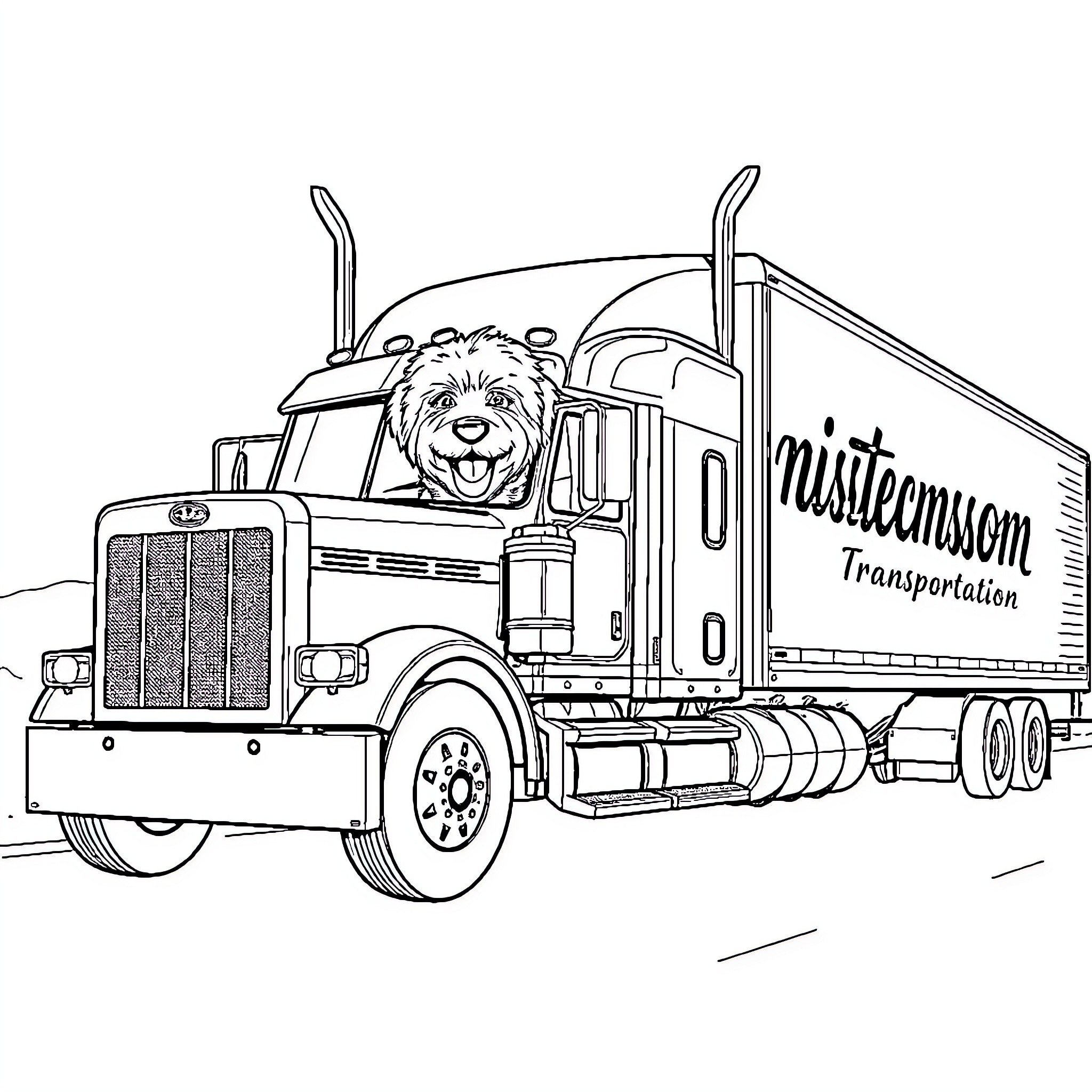 Dog Happily Riding in Cargo Truck Coloring Page (free black-and-white line drawing printable PDF for all, from beginners to advanced learners, including children, teens, adults, and seniors)