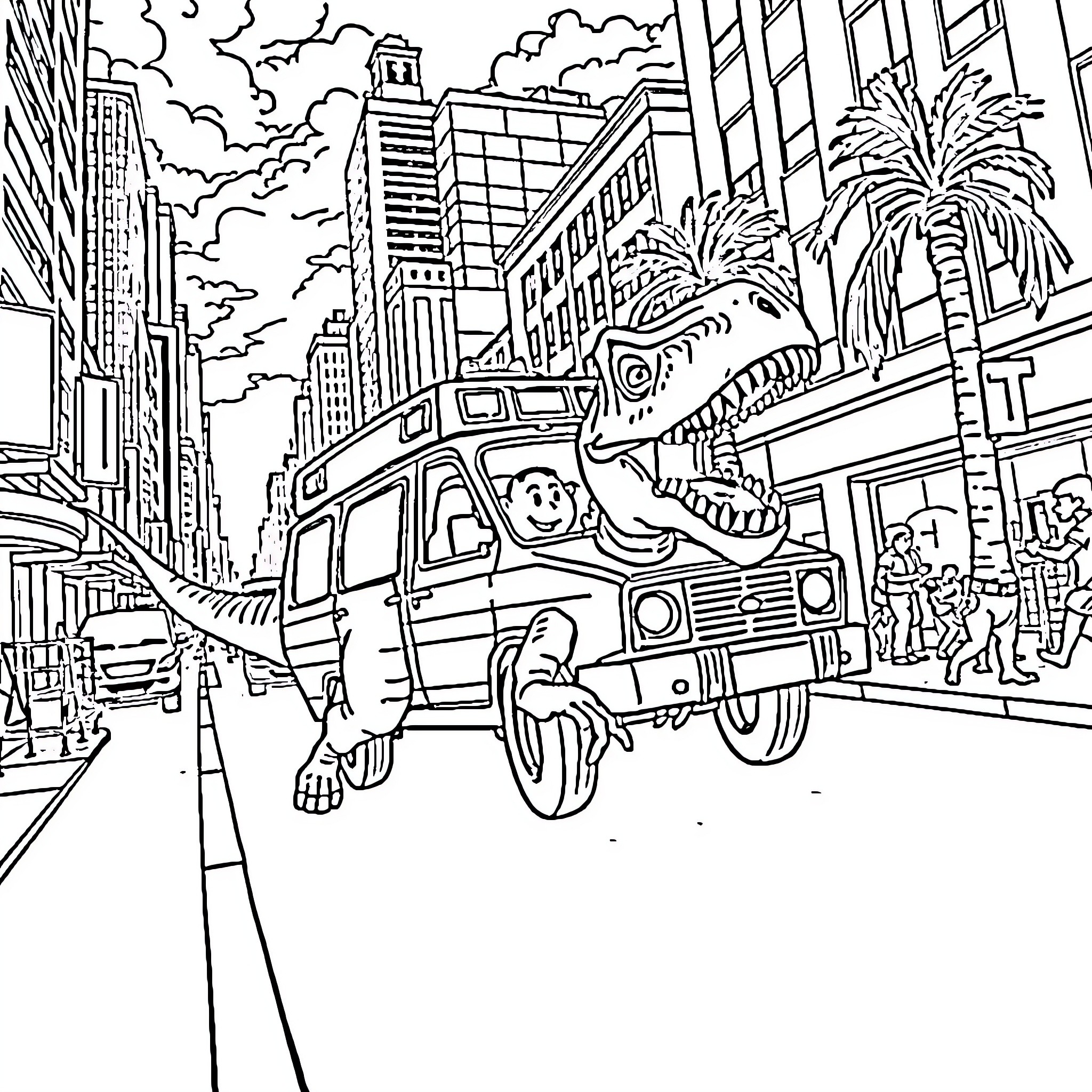 Dinosaur drives a bus through a city Coloring Page (free black-and-white line drawing printable PDF for all, from beginners to advanced learners, including children, teens, adults, and seniors)