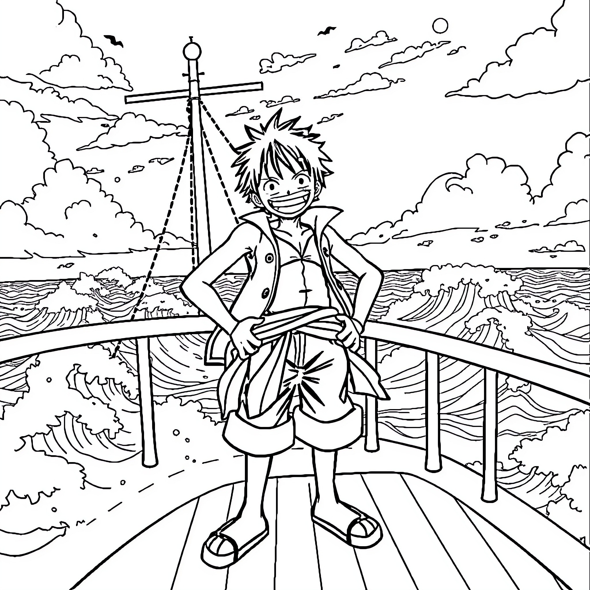 Luffy's Exhilarating Adventure on the High Seas Coloring Page (free black-and-white line drawing printable PDF for all, from beginners to advanced learners, including children, teens, adults, and seniors)