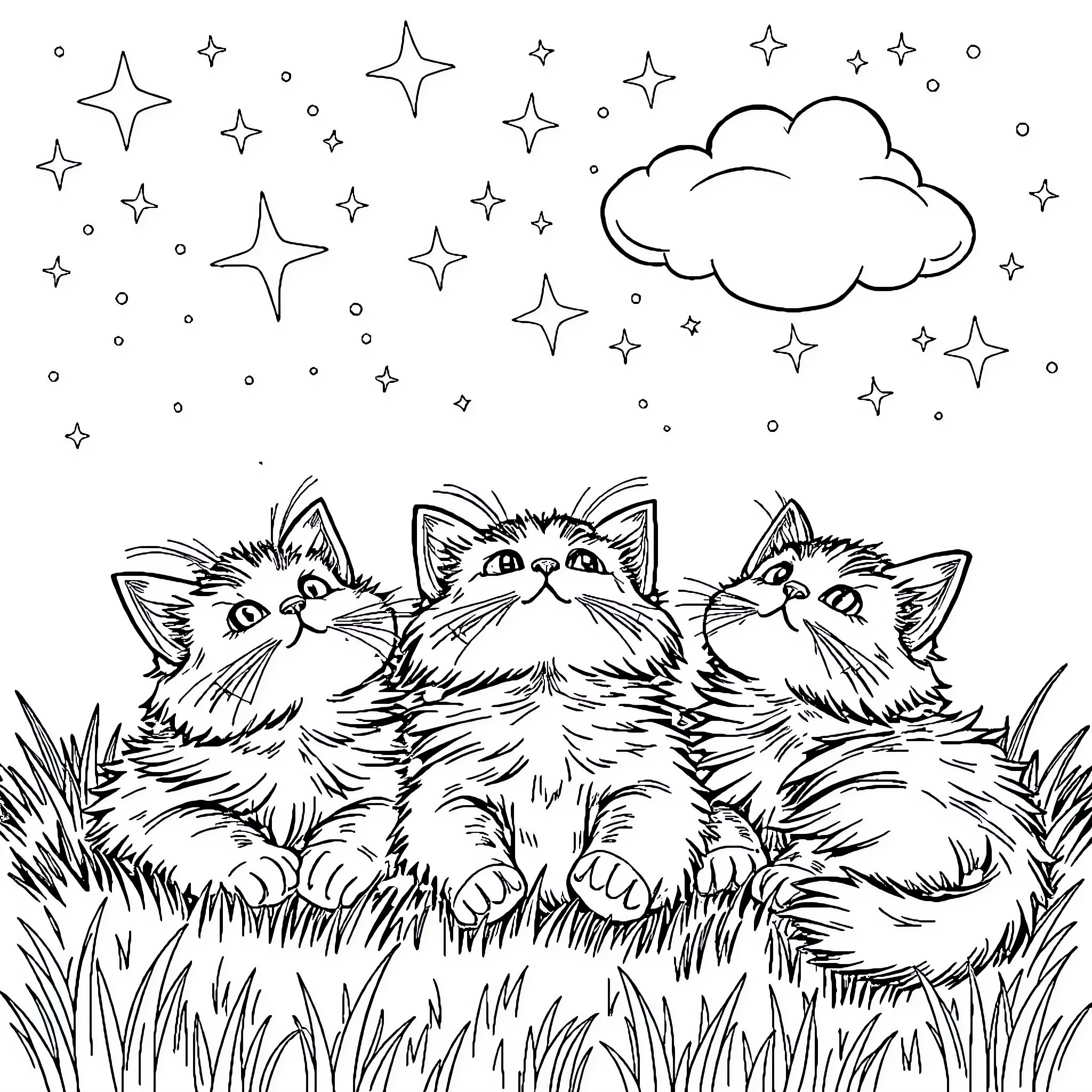 Cat trio admiring the starry sky Coloring Page (free black-and-white line drawing printable PDF for all, from beginners to advanced learners, including children, teens, adults, and seniors)