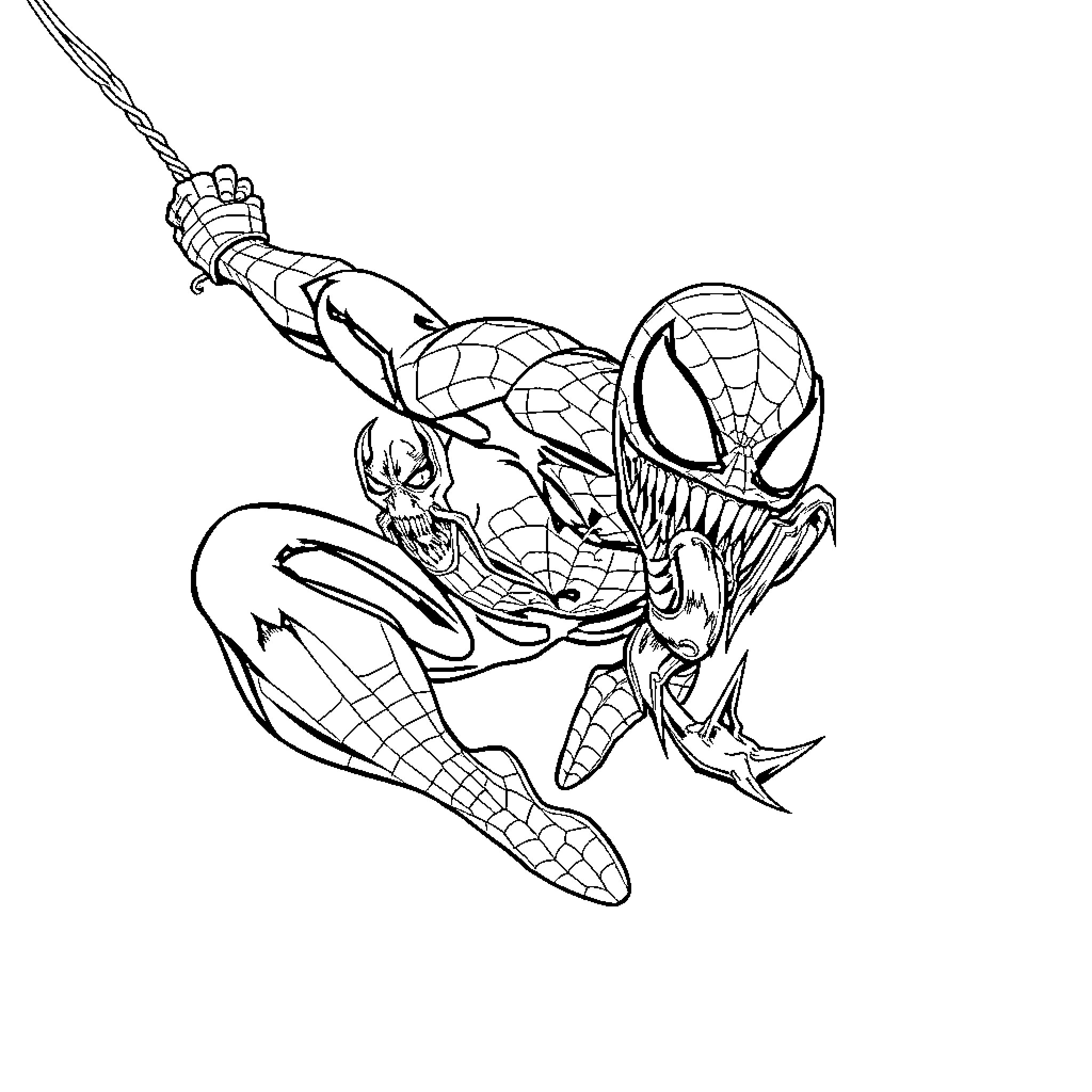 Spiderman swinging into action with fierce determination Coloring Page (free black-and-white line drawing printable PDF for all, from beginners to advanced learners, including children, teens, adults, and seniors)