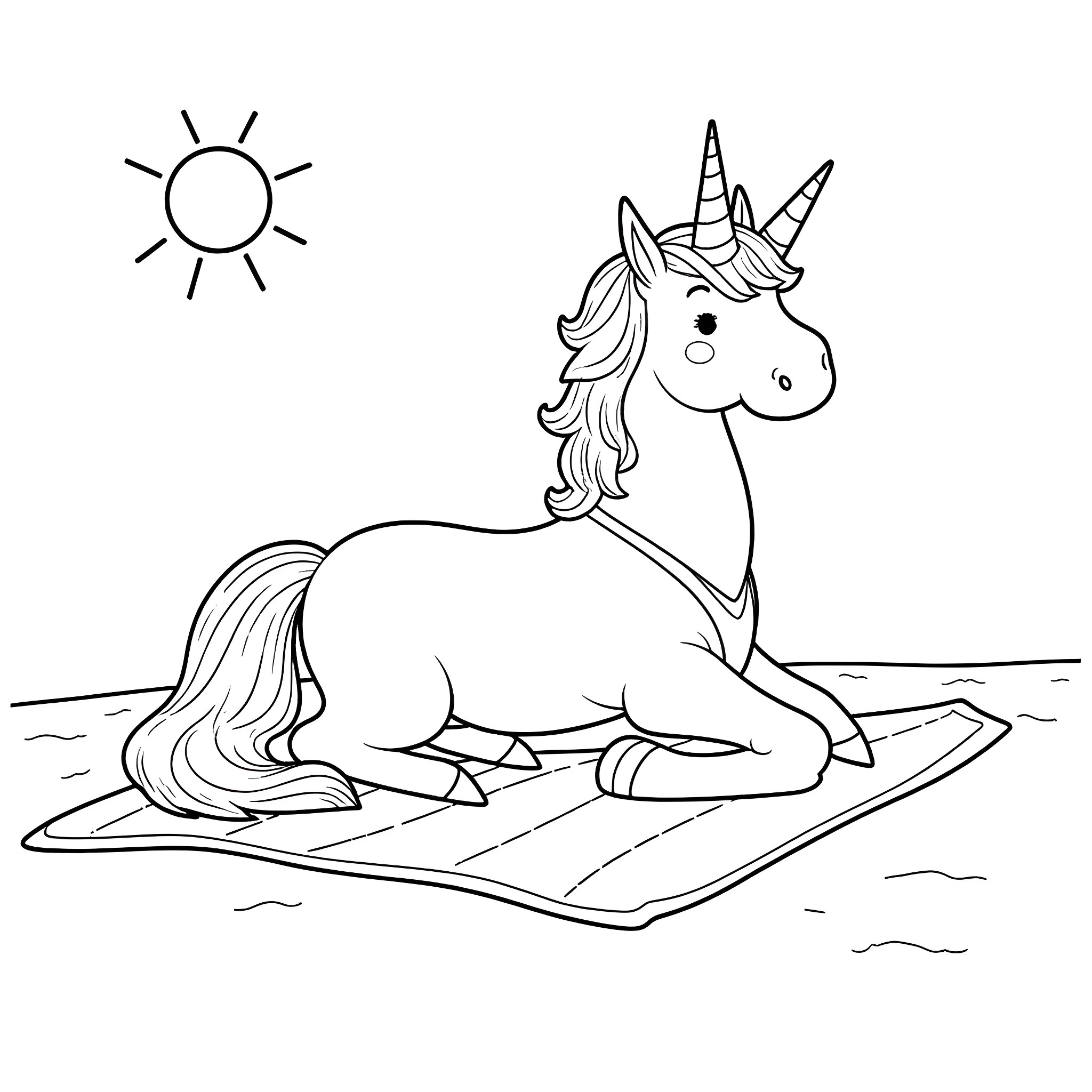 Unicorn relaxing on beach under sunny sky Coloring Page (free black-and-white line drawing printable PDF for all, from beginners to advanced learners, including children, teens, adults, and seniors)