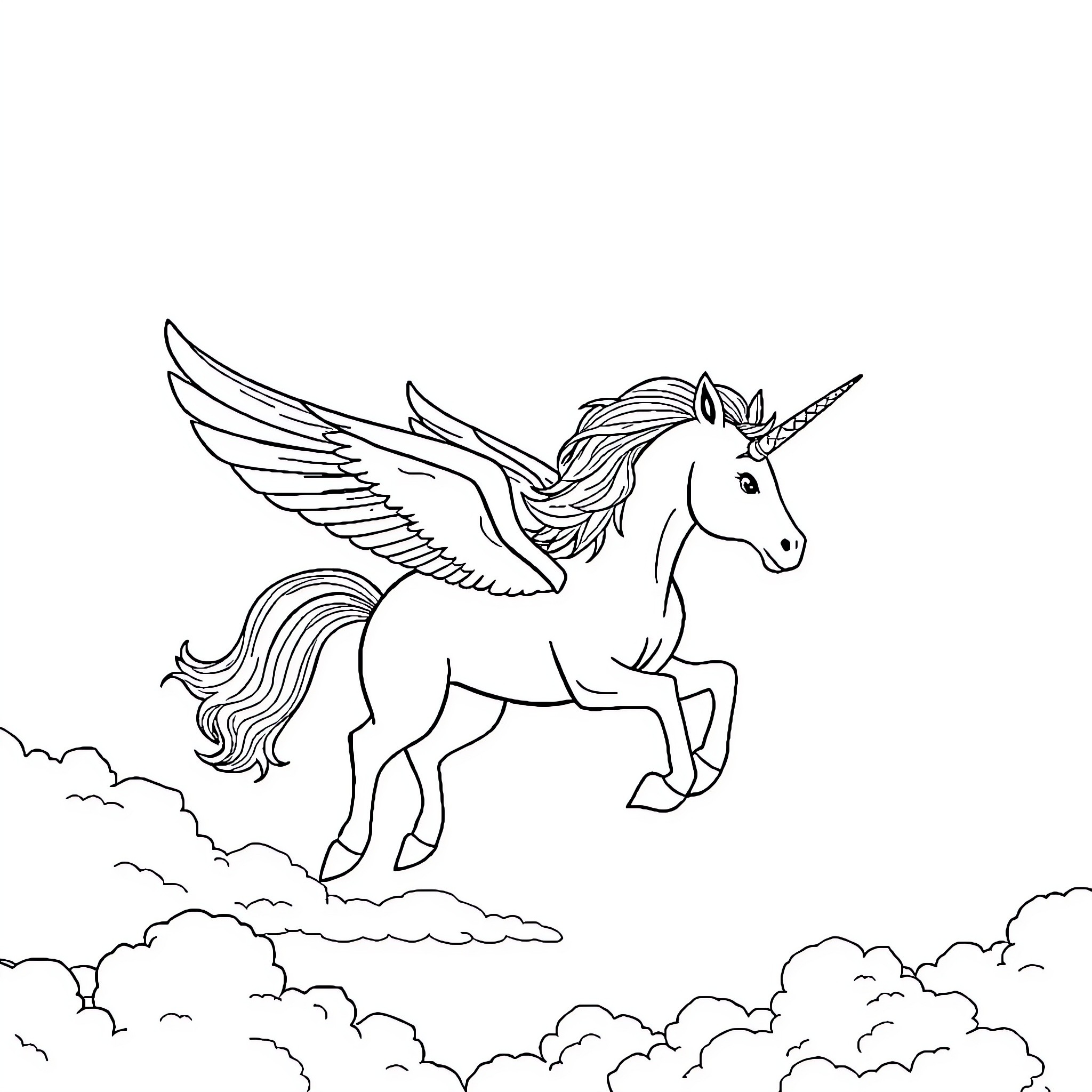 Unicorn soaring through the clouds Coloring Page (free black-and-white line drawing printable PDF for all, from beginners to advanced learners, including children, teens, adults, and seniors)
