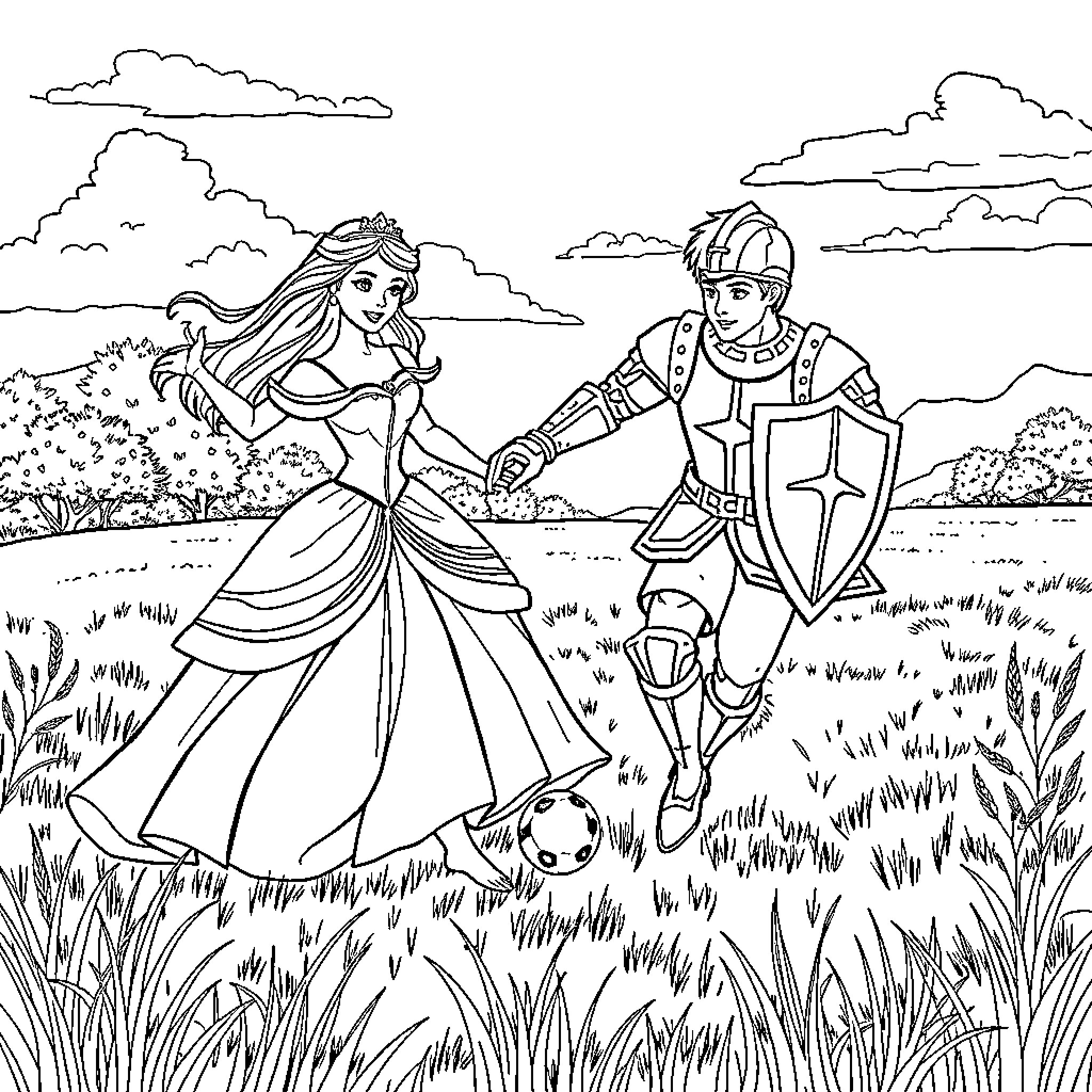 Princess and Knight Playing in the Meadow Coloring Page (free black-and-white line drawing printable PDF for all, from beginners to advanced learners, including children, teens, adults, and seniors)