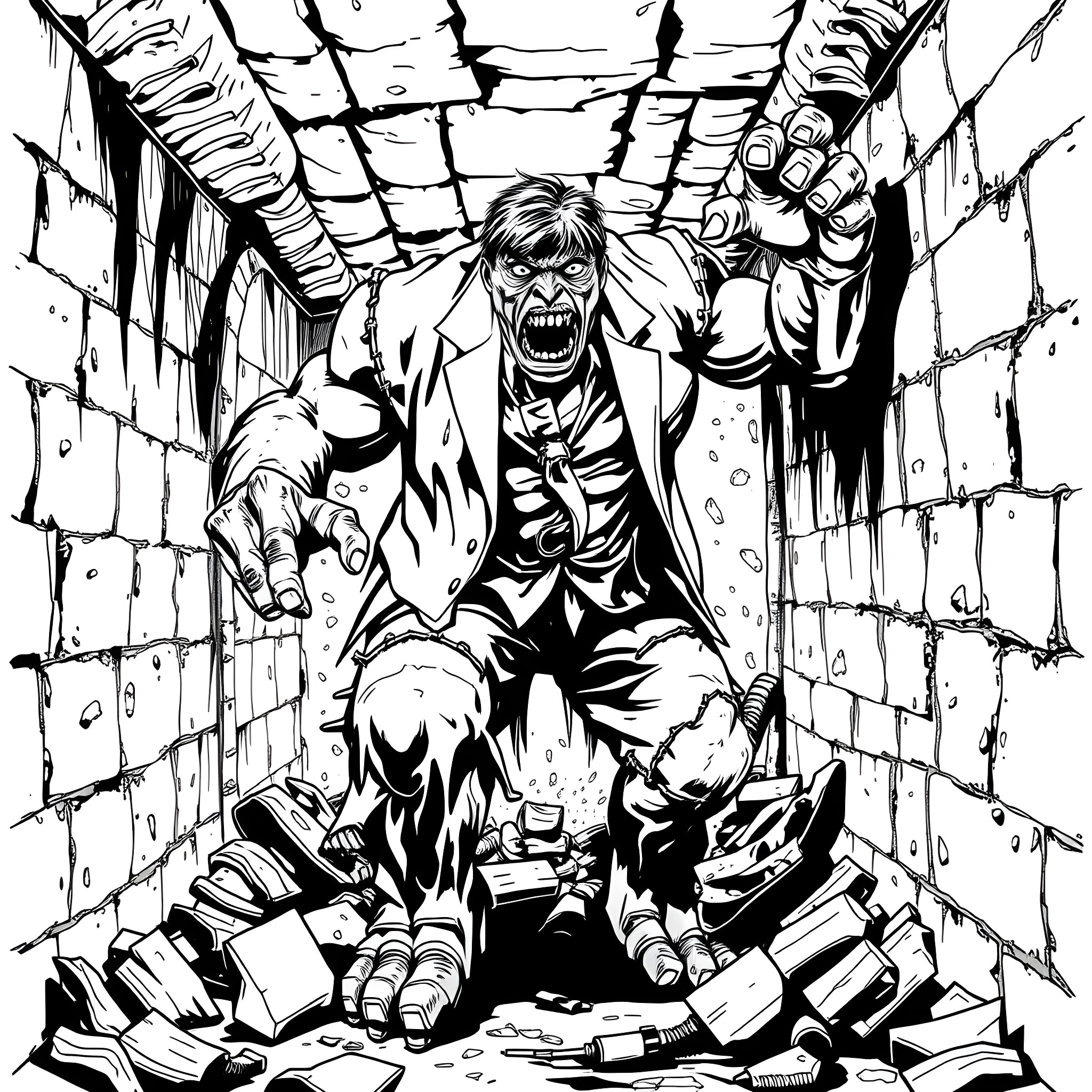 Zombie bursting through the crumbling walls Coloring Page (free black-and-white line drawing printable PDF for all, from beginners to advanced learners, including children, teens, adults, and seniors)