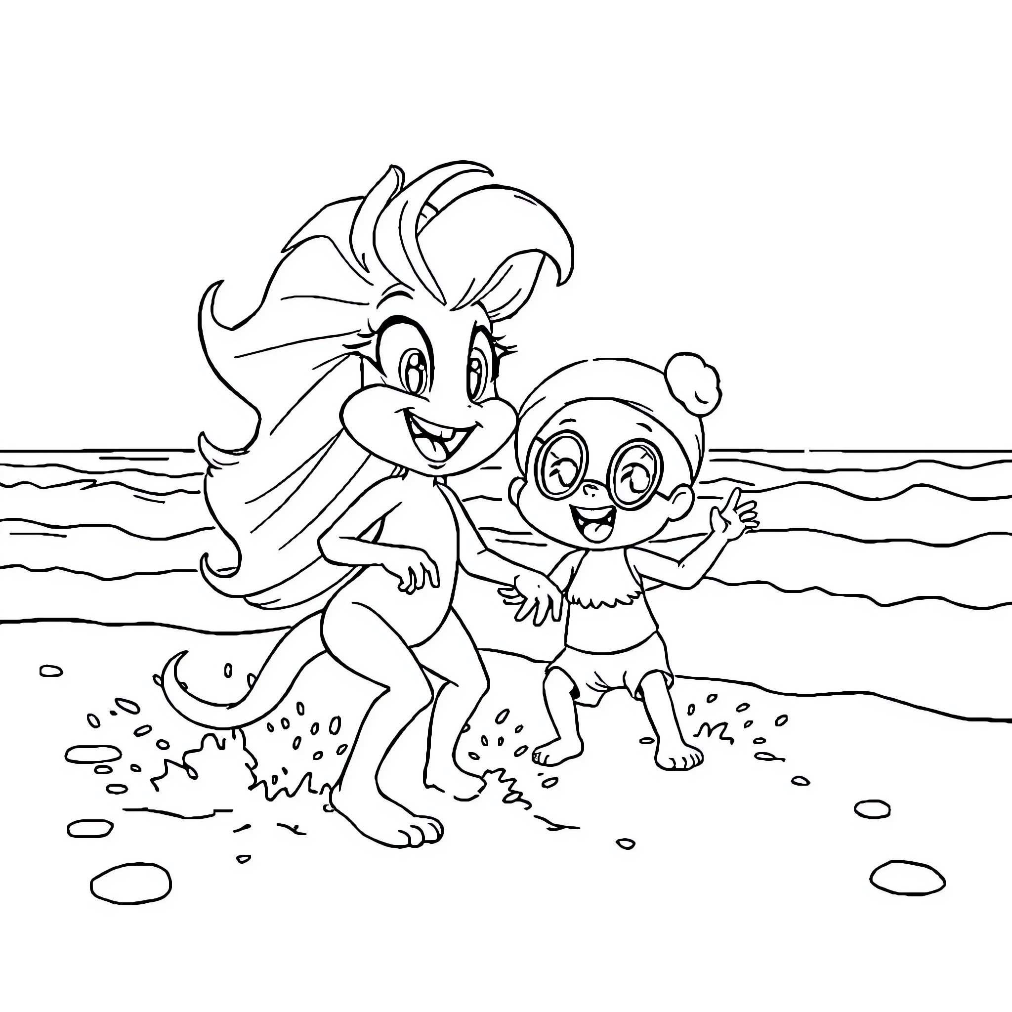 Flaky Friends Frolicking by the Seashore Coloring Page (free black-and-white line drawing printable PDF for all, from beginners to advanced learners, including children, teens, adults, and seniors)