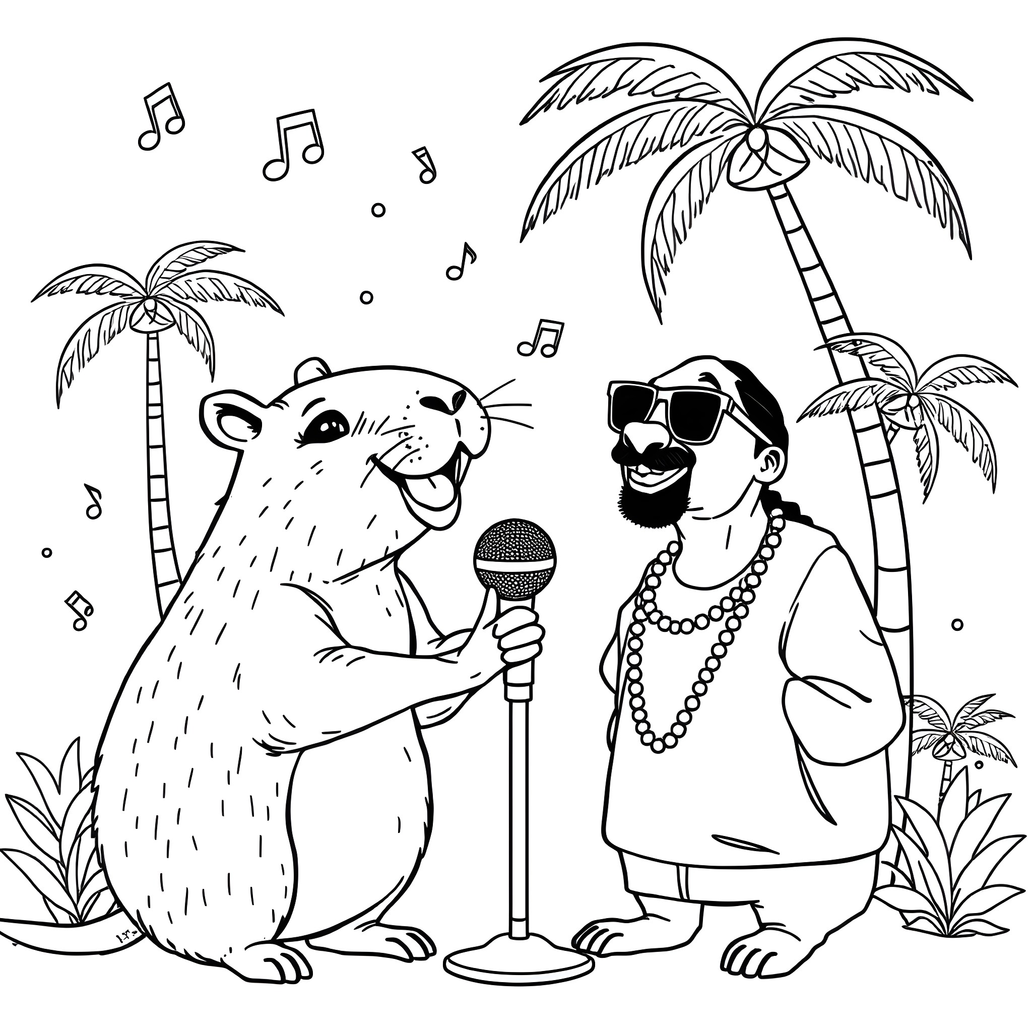 Capybara singing with a human in a tropical setting Coloring Page (free black-and-white line drawing printable PDF for all, from beginners to advanced learners, including children, teens, adults, and seniors)