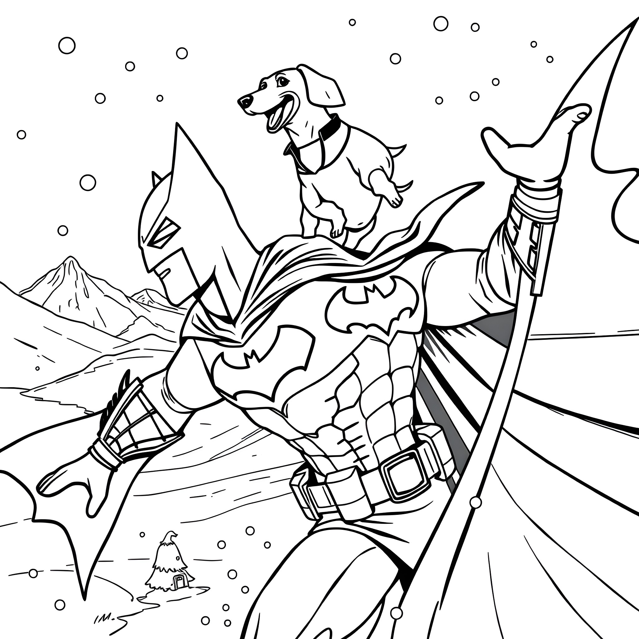 Dachshund superhero saving the day in snowy landscape Coloring Page (free black-and-white line drawing printable PDF for all, from beginners to advanced learners, including children, teens, adults, and seniors)
