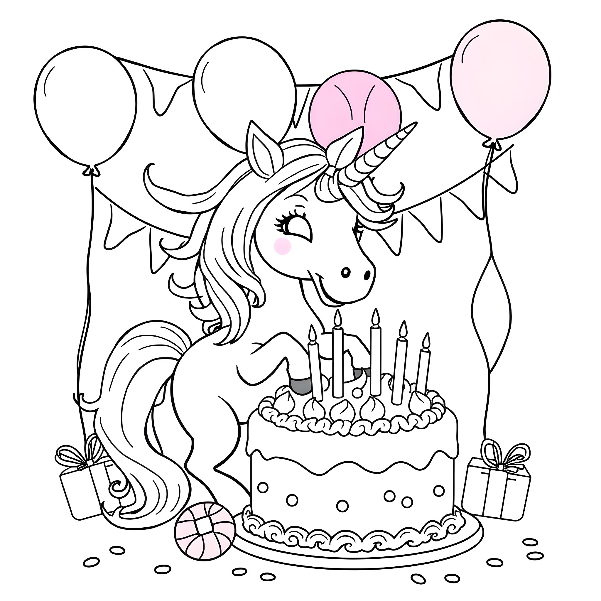 Unicorn celebrating birthday with cake and balloons Coloring Page (free black-and-white line drawing printable PDF for all, from beginners to advanced learners, including children, teens, adults, and seniors)
