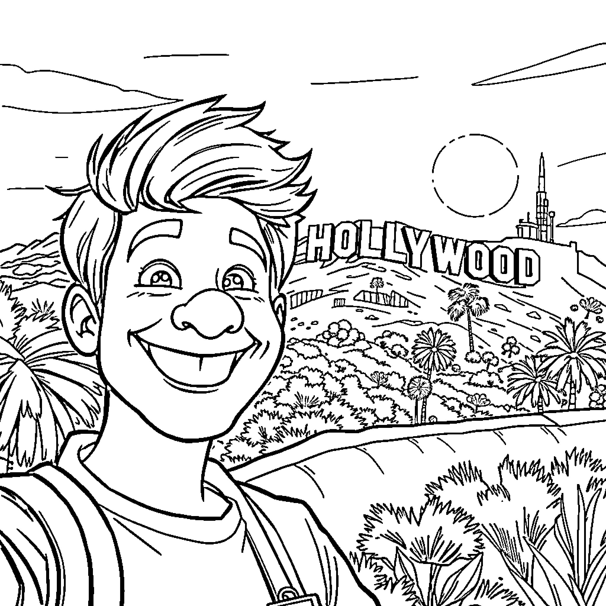 Animator drawing a cheerful character in Hollywood setting Coloring Page (free black-and-white line drawing printable PDF for all, from beginners to advanced learners, including children, teens, adults, and seniors)