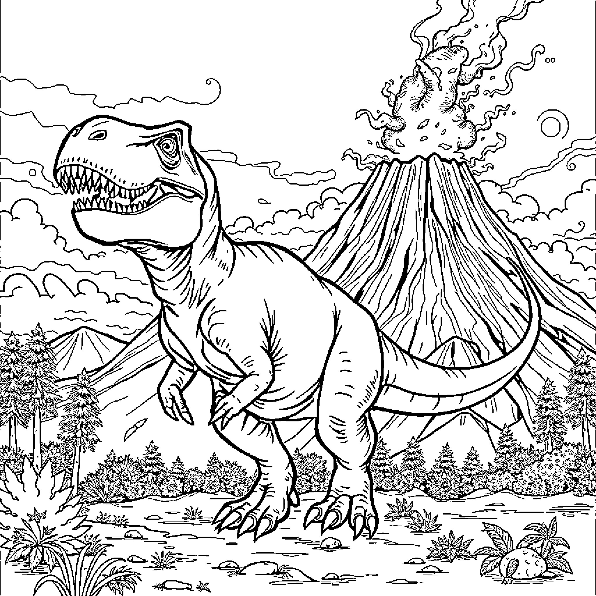 T-Rex roaring in volcanic landscape Coloring Page (free black-and-white line drawing printable PDF for all, from beginners to advanced learners, including children, teens, adults, and seniors)