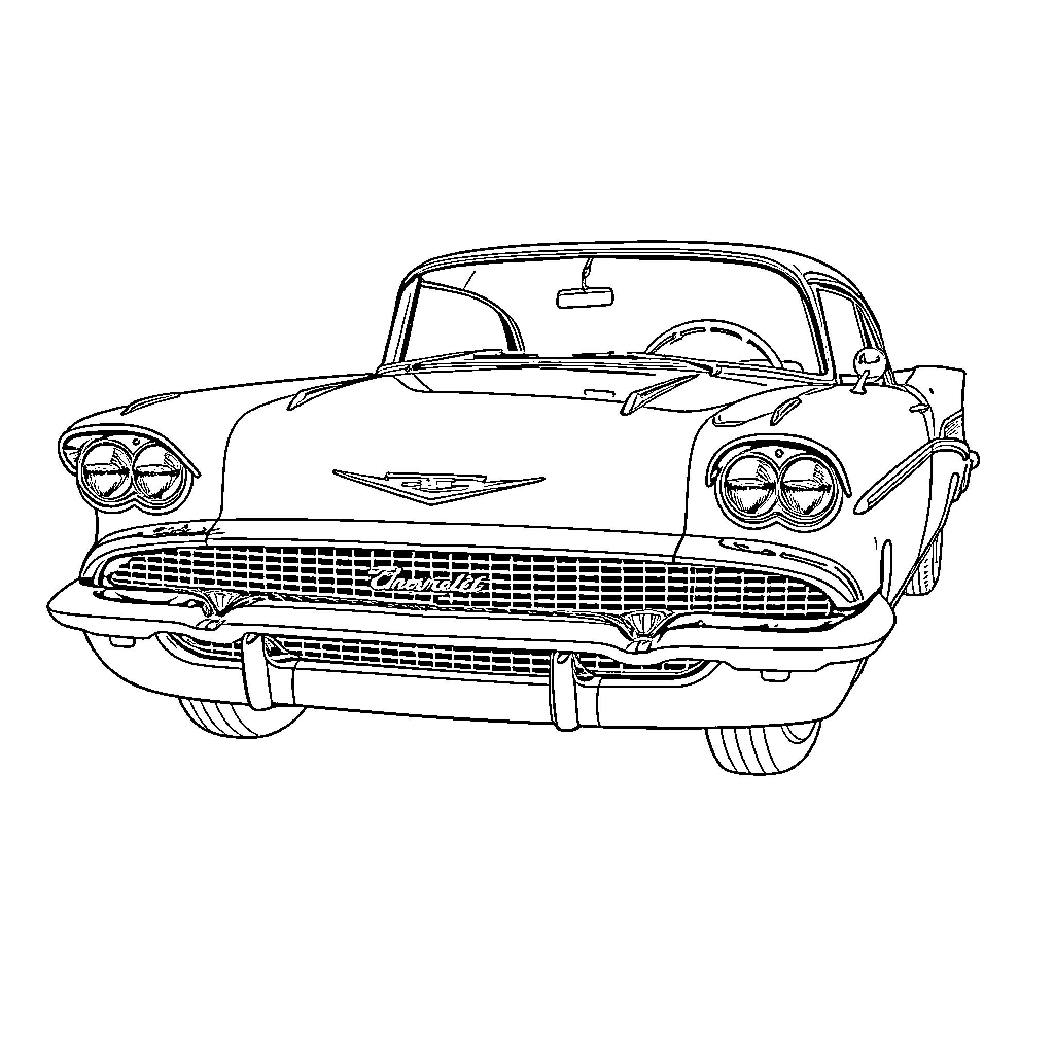 Chevrolet classic car in black and white outline Coloring Page (free black-and-white line drawing printable PDF for all, from beginners to advanced learners, including children, teens, adults, and seniors)