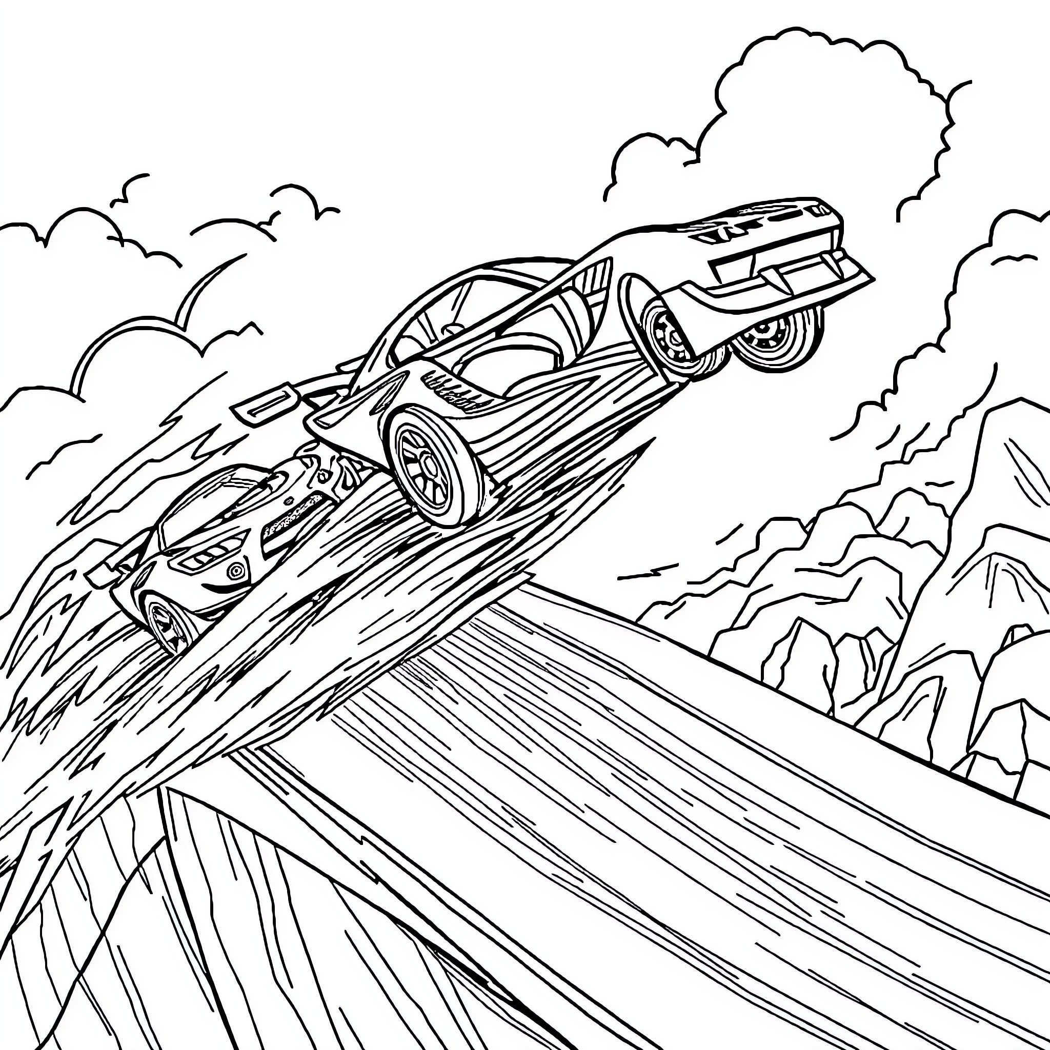Hot Wheels racing through dangerous mountain terrain Coloring Page (free black-and-white line drawing printable PDF for all, from beginners to advanced learners, including children, teens, adults, and seniors)