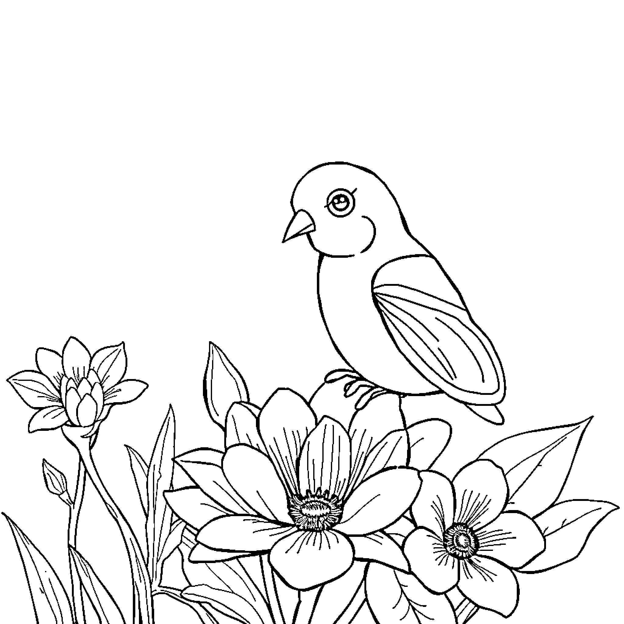 Feather-tailed bird amidst floral garden Coloring Page (free black-and-white line drawing printable PDF for all, from beginners to advanced learners, including children, teens, adults, and seniors)