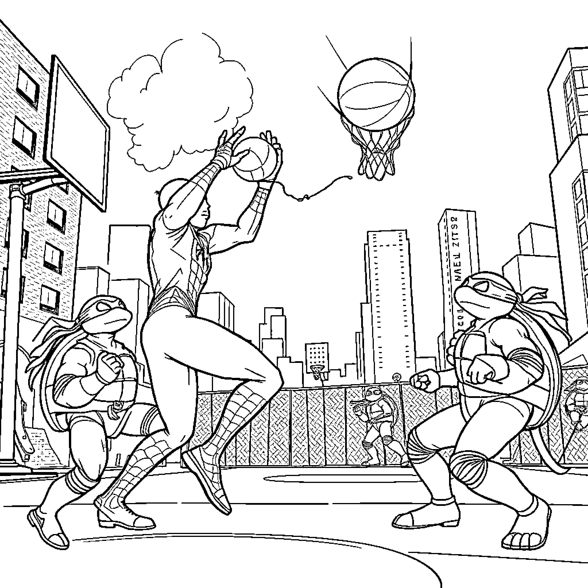 Spiderman's heroic basketball game in the city Coloring Page (free black-and-white line drawing printable PDF for all, from beginners to advanced learners, including children, teens, adults, and seniors)